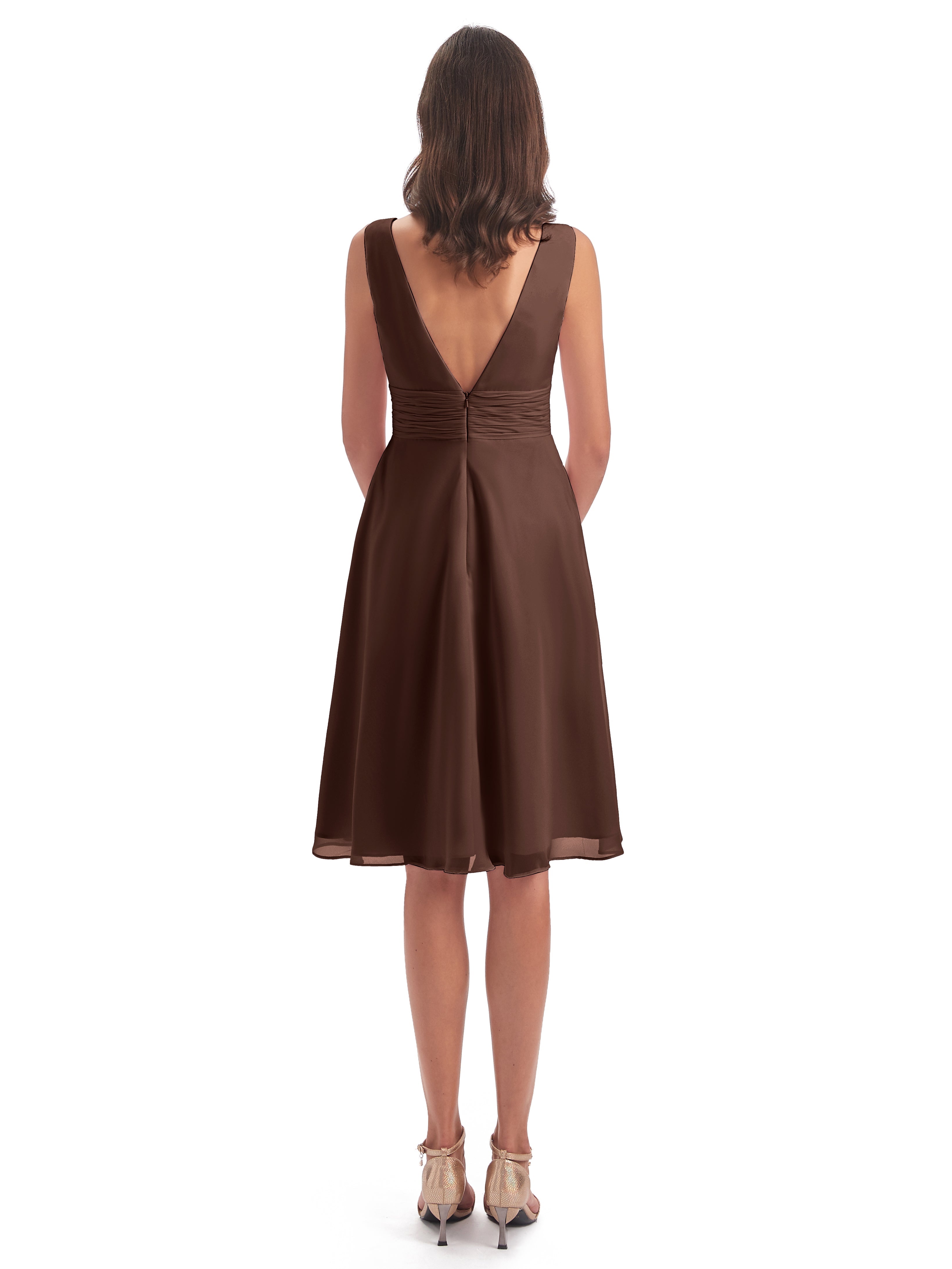 Robe Demoiselle D Honneur Marron Chocolat Haute Basse Col V Robes Demoiselle D'Honneur
