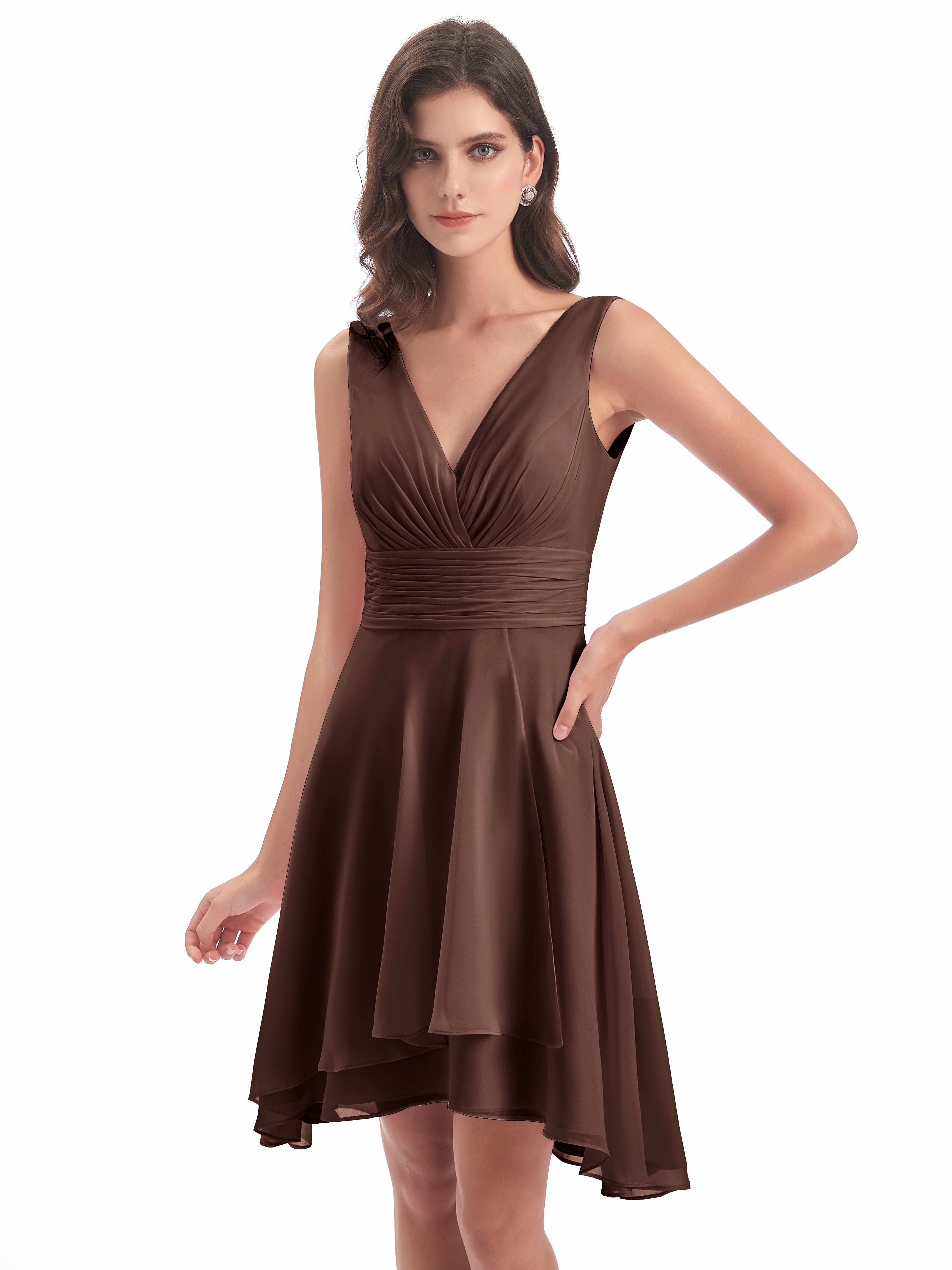 Robe Demoiselle D Honneur Marron Chocolat Haute Basse Col V Robes Demoiselle D'Honneur