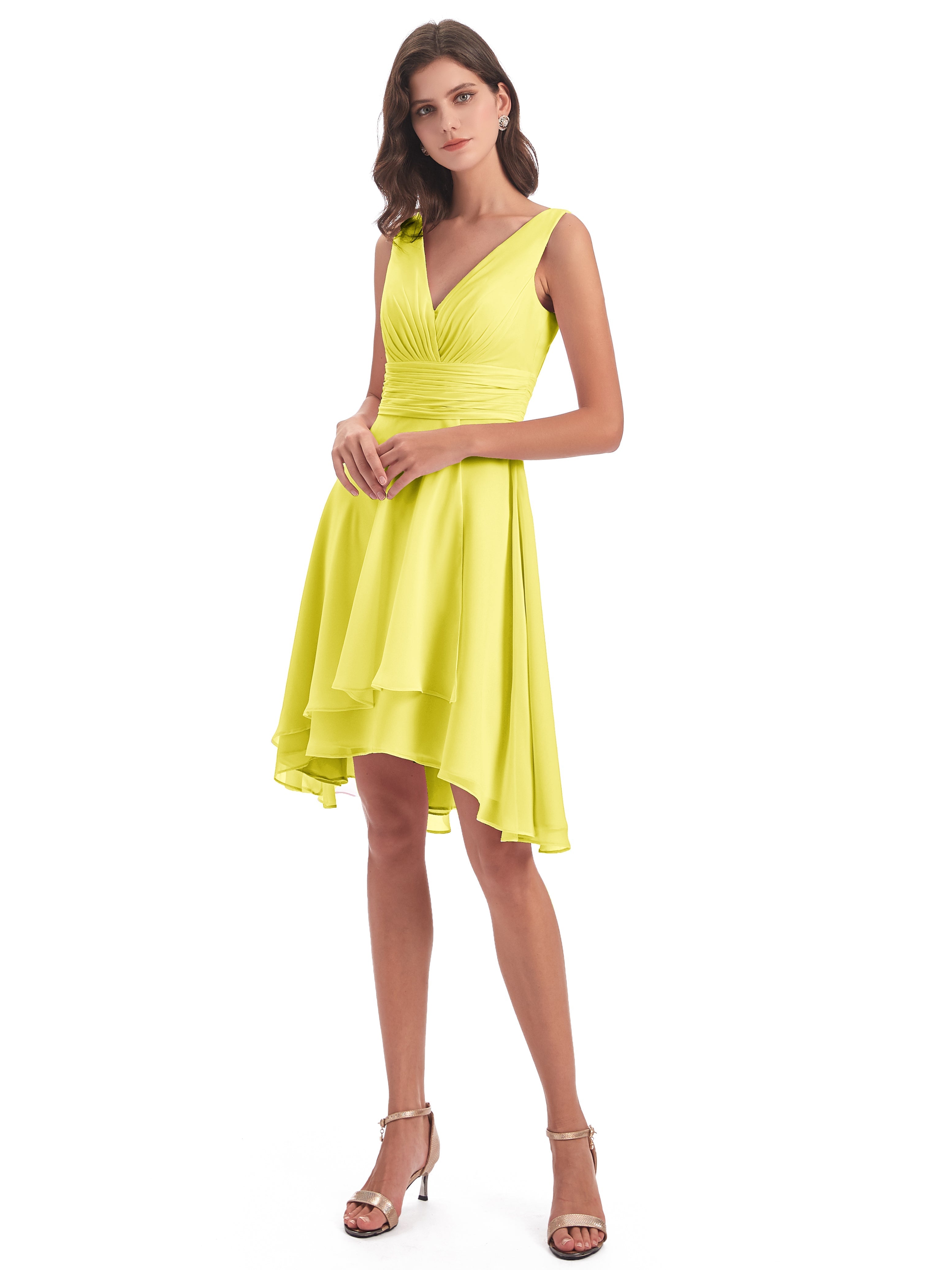 Robes De Demoiselle D'Honneur Citron Haute Basse Col V Robes Demoiselle D'Honneur