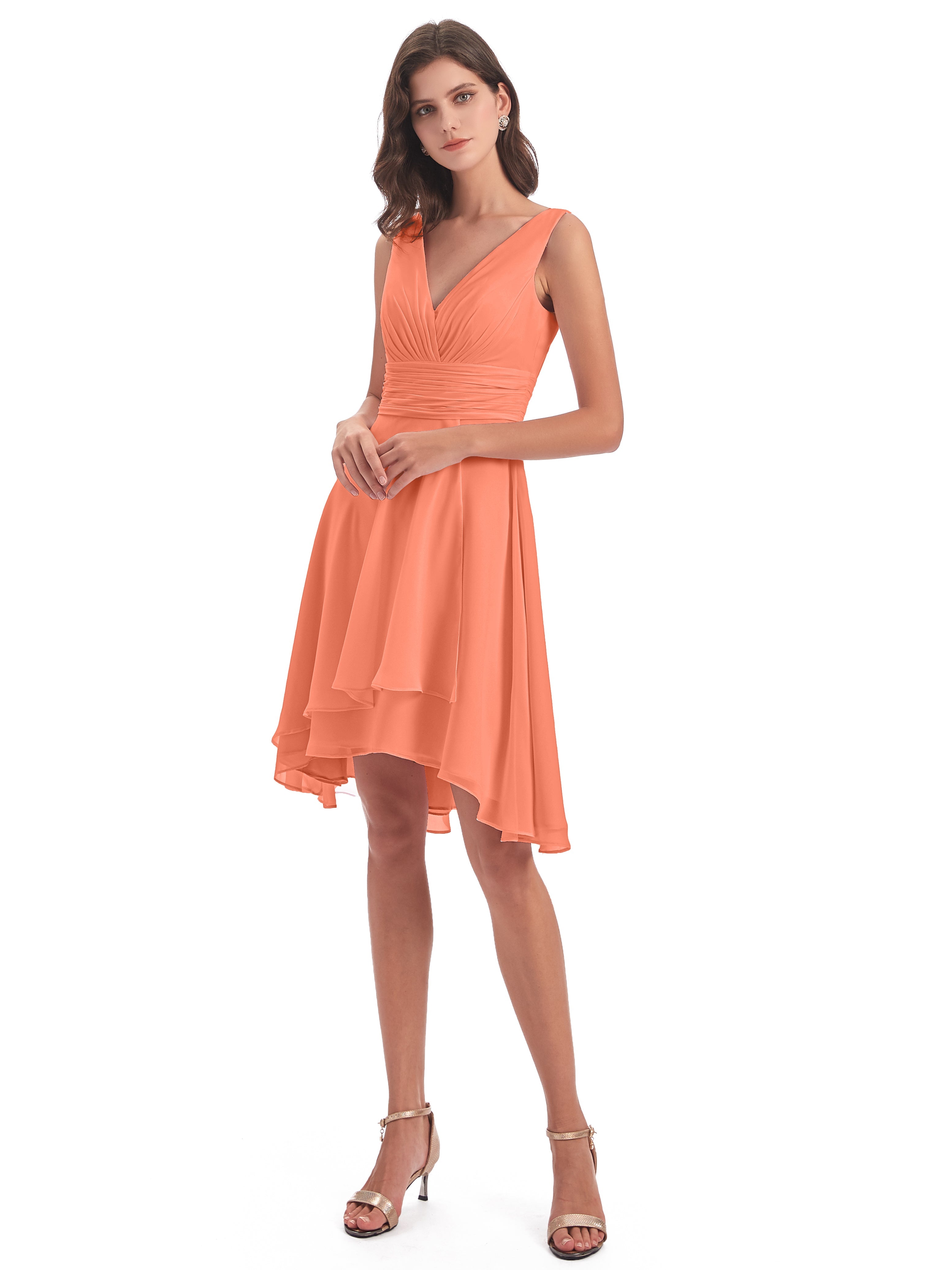 Robes De Demoiselle D'Honneur Coucher De Soleil Haute Basse Col V Robes Demoiselle D'Honneur