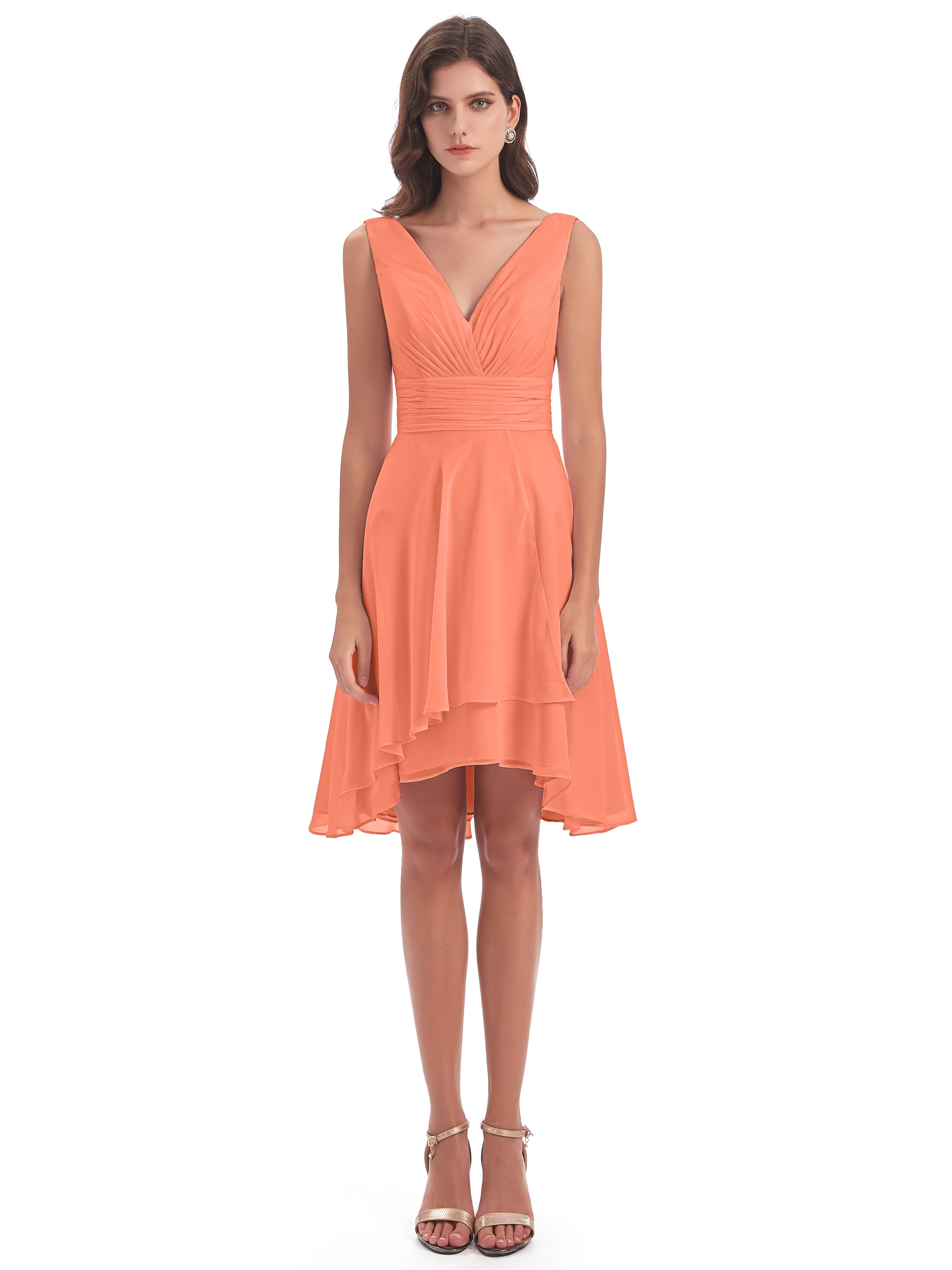 Robes De Demoiselle D'Honneur Coucher De Soleil Haute Basse Col V Robes Demoiselle D'Honneur