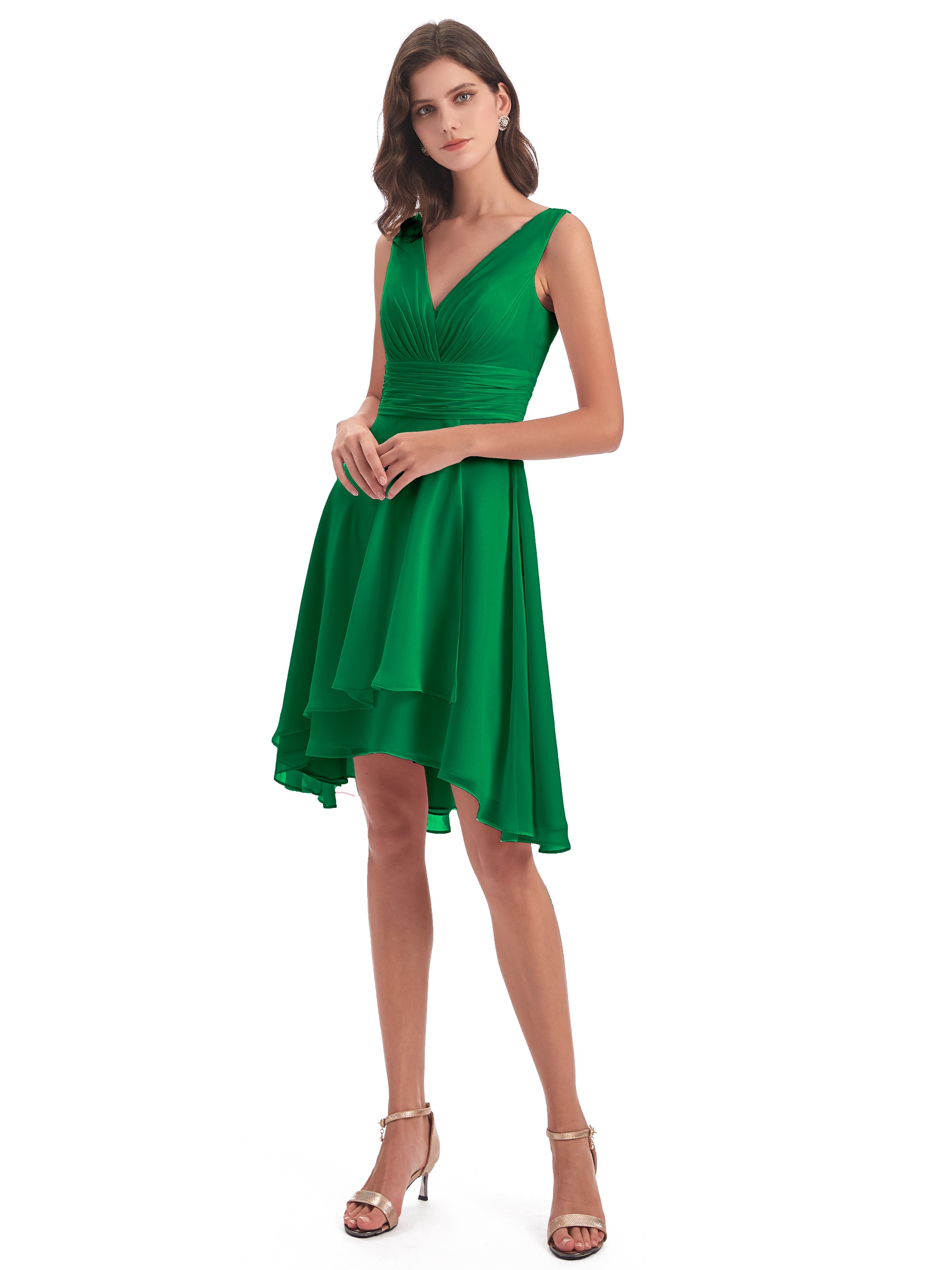 Robes De Demoiselle D'Honneur Vert Émeraude Haute Basse Col V Robes Demoiselle D'Honneur