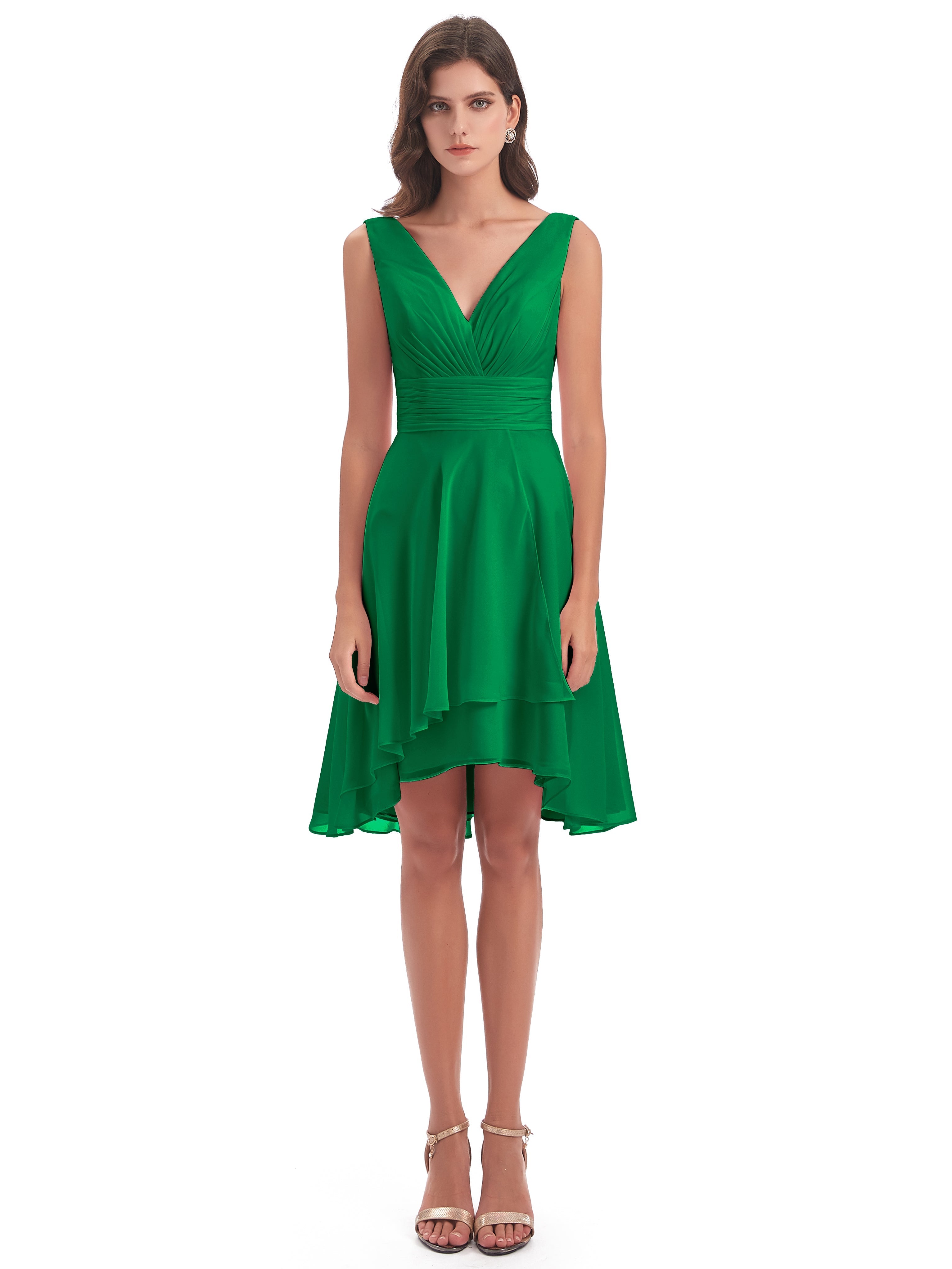 Robes De Demoiselle D'Honneur Vert Émeraude Haute Basse Col V Robes Demoiselle D'Honneur