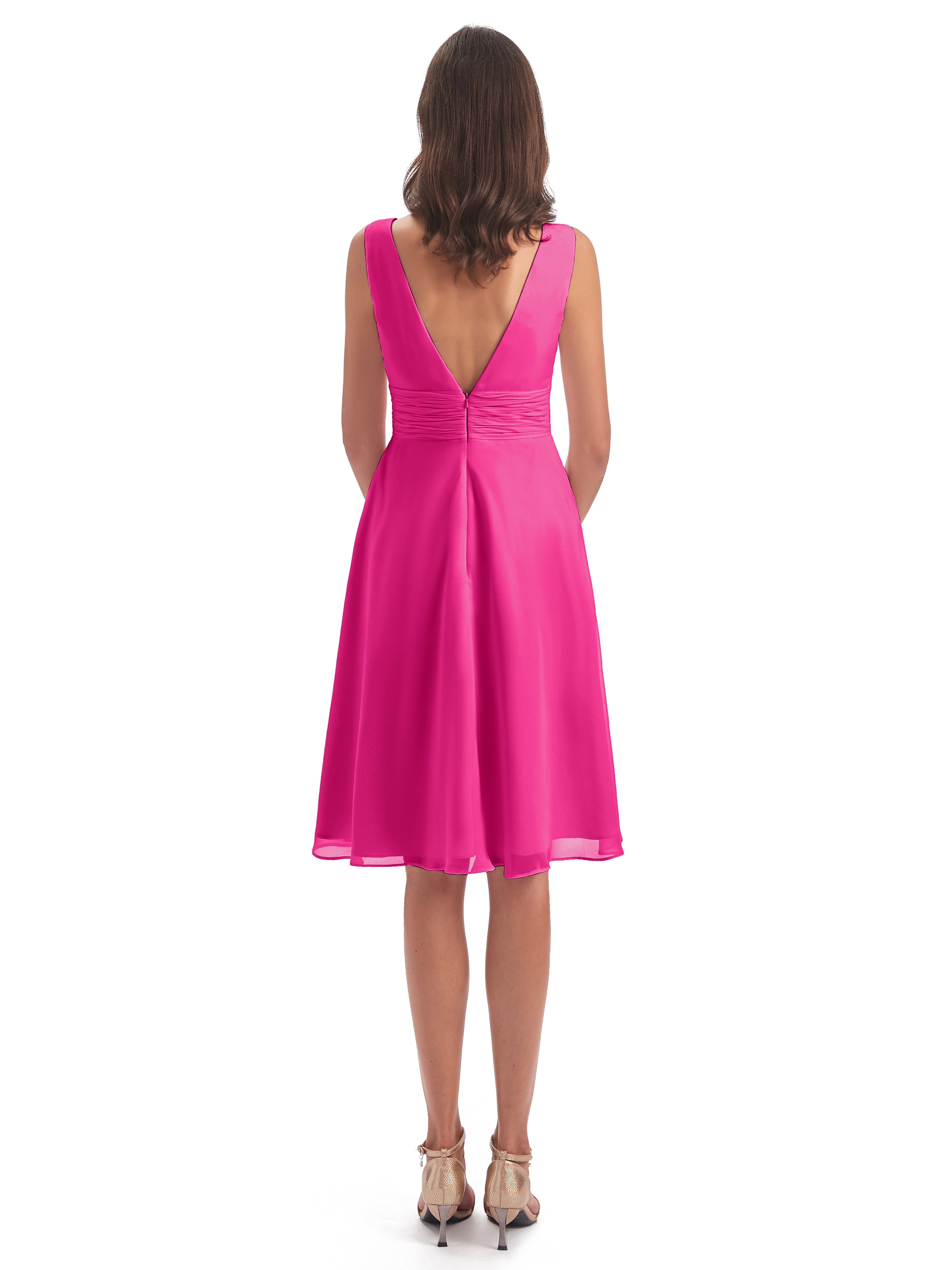 Robes De Demoiselle D'Honneur Rose Fuchsia Couleur Haute Basse Col V Robes Demoiselle D'Honneur