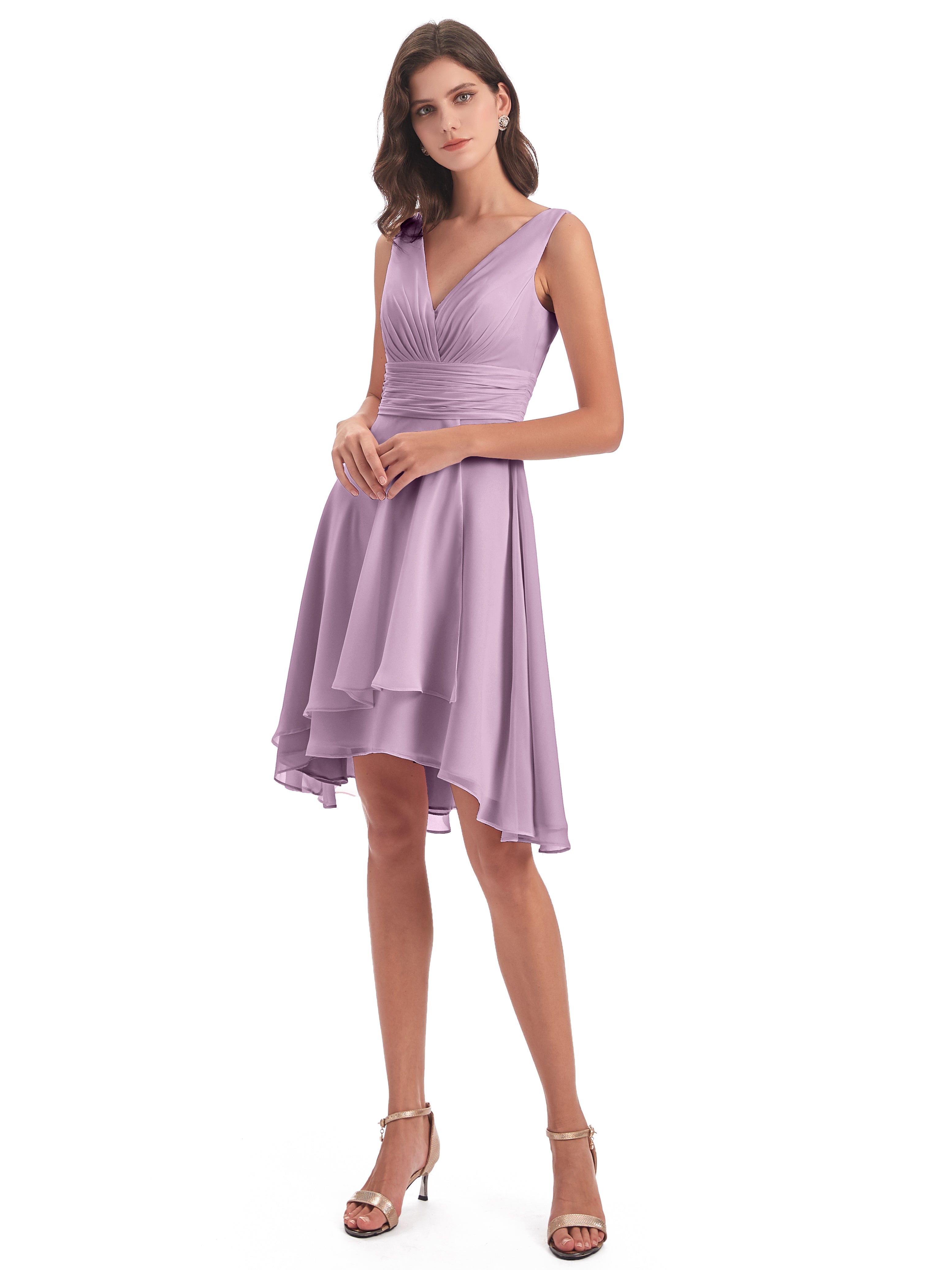 Robes De Demoiselle D'Honneur Glycine Haute Basse Col V Robes Demoiselle D'Honneur