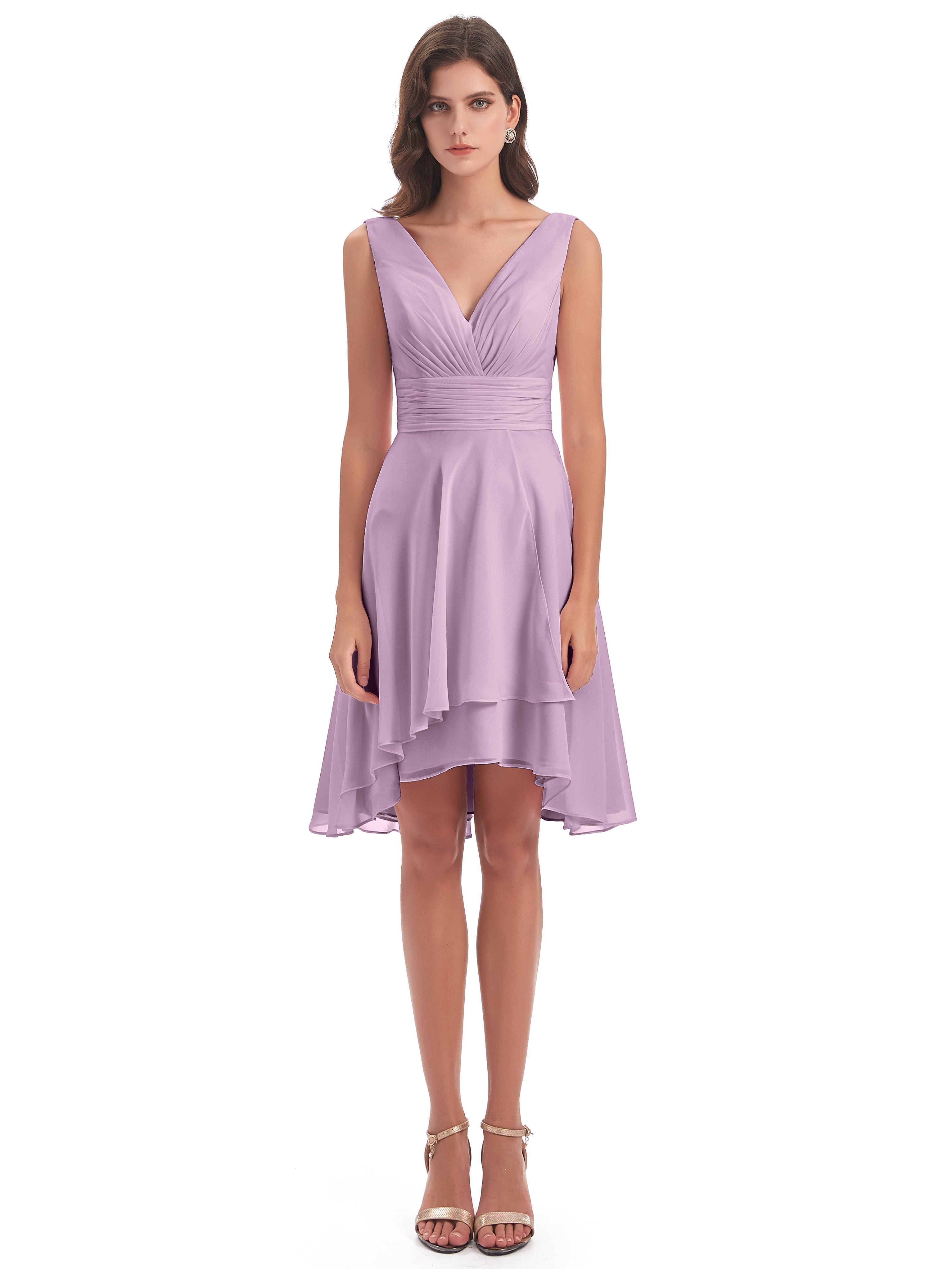 Robes De Demoiselle D'Honneur Glycine Haute Basse Col V Robes Demoiselle D'Honneur