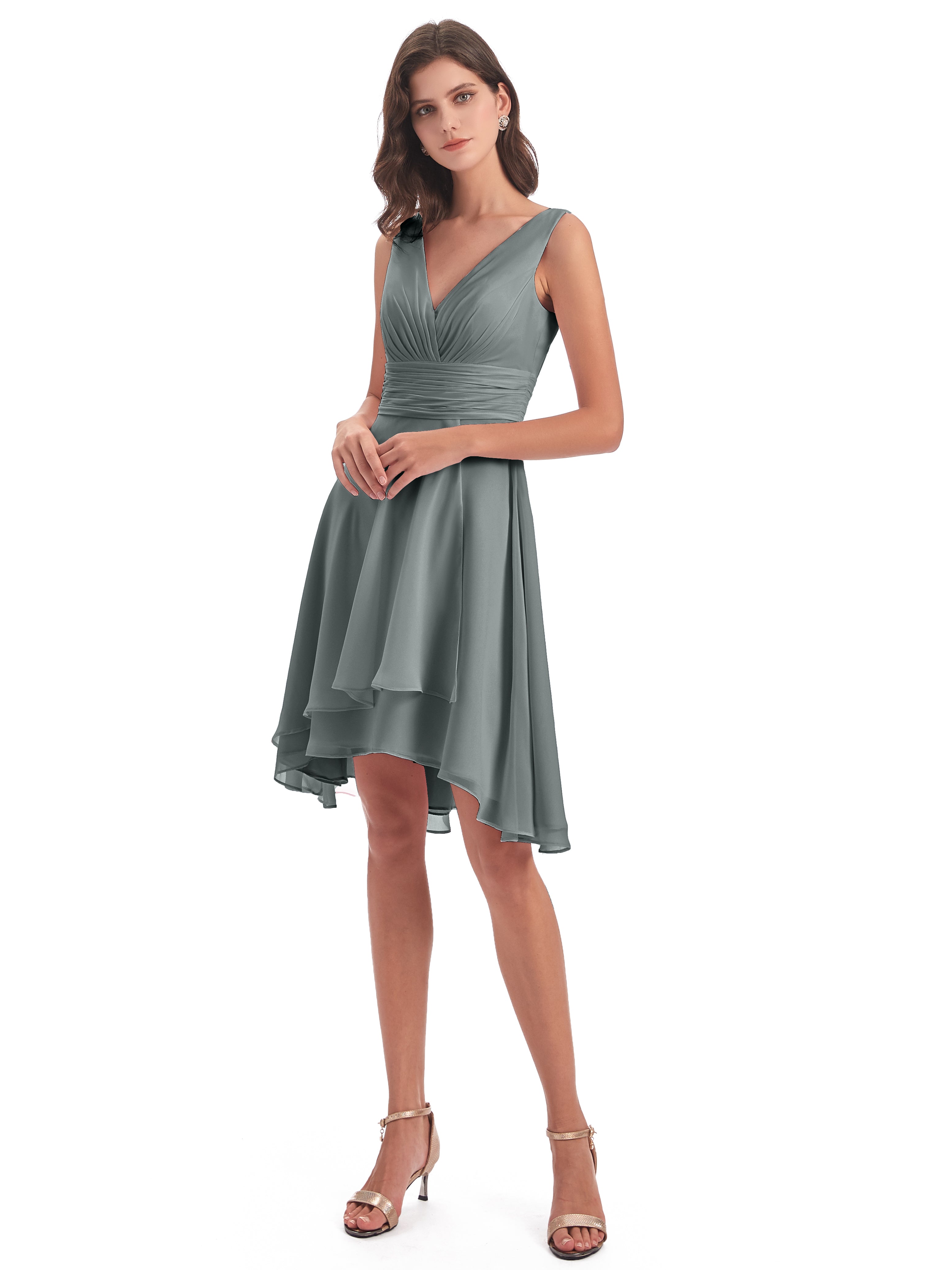 Robe Grise Demoiselle D Honneur Haute Basse Col V Robes Demoiselle D'Honneur