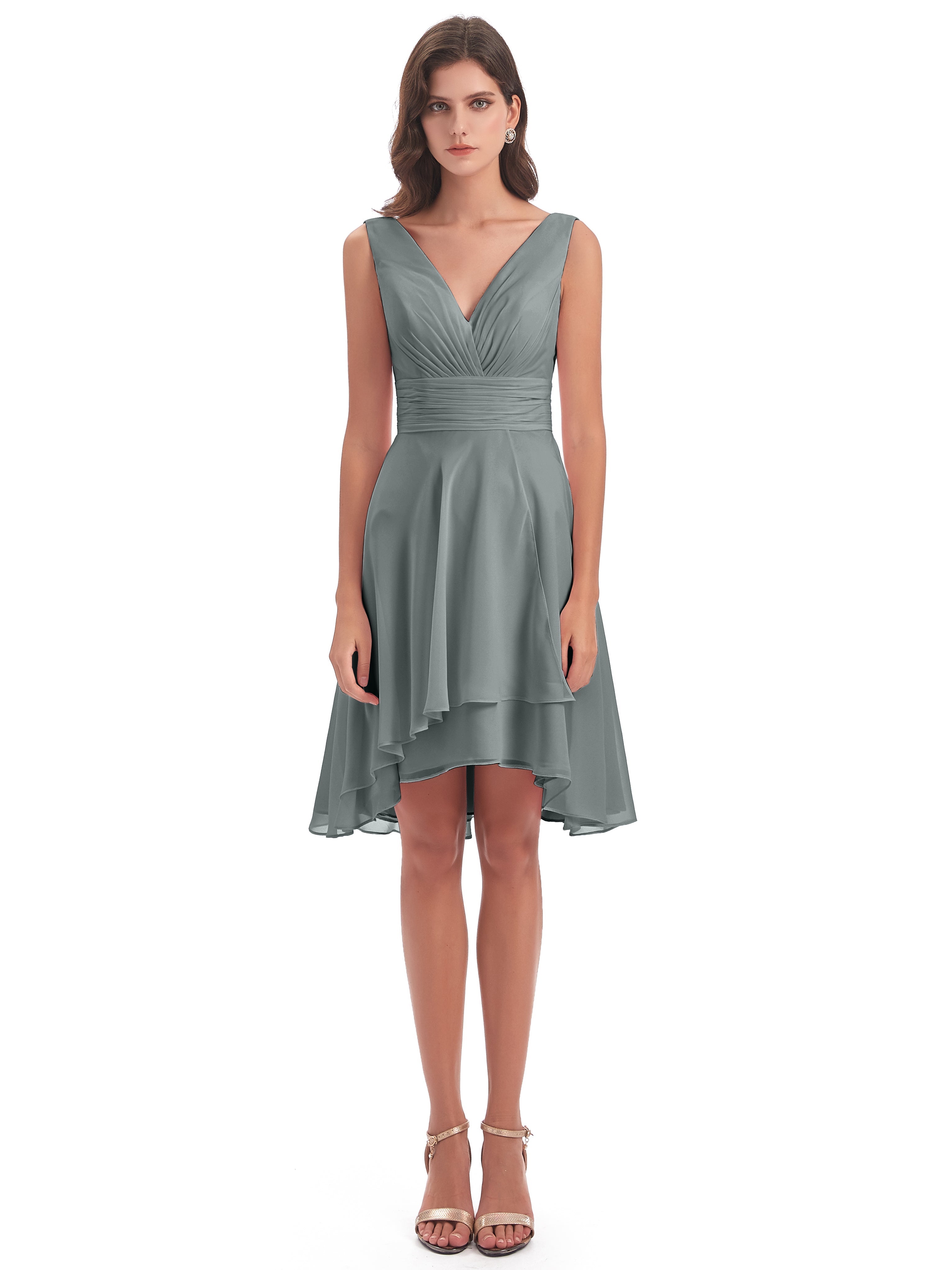 Robe Grise Demoiselle D Honneur Haute Basse Col V Robes Demoiselle D'Honneur