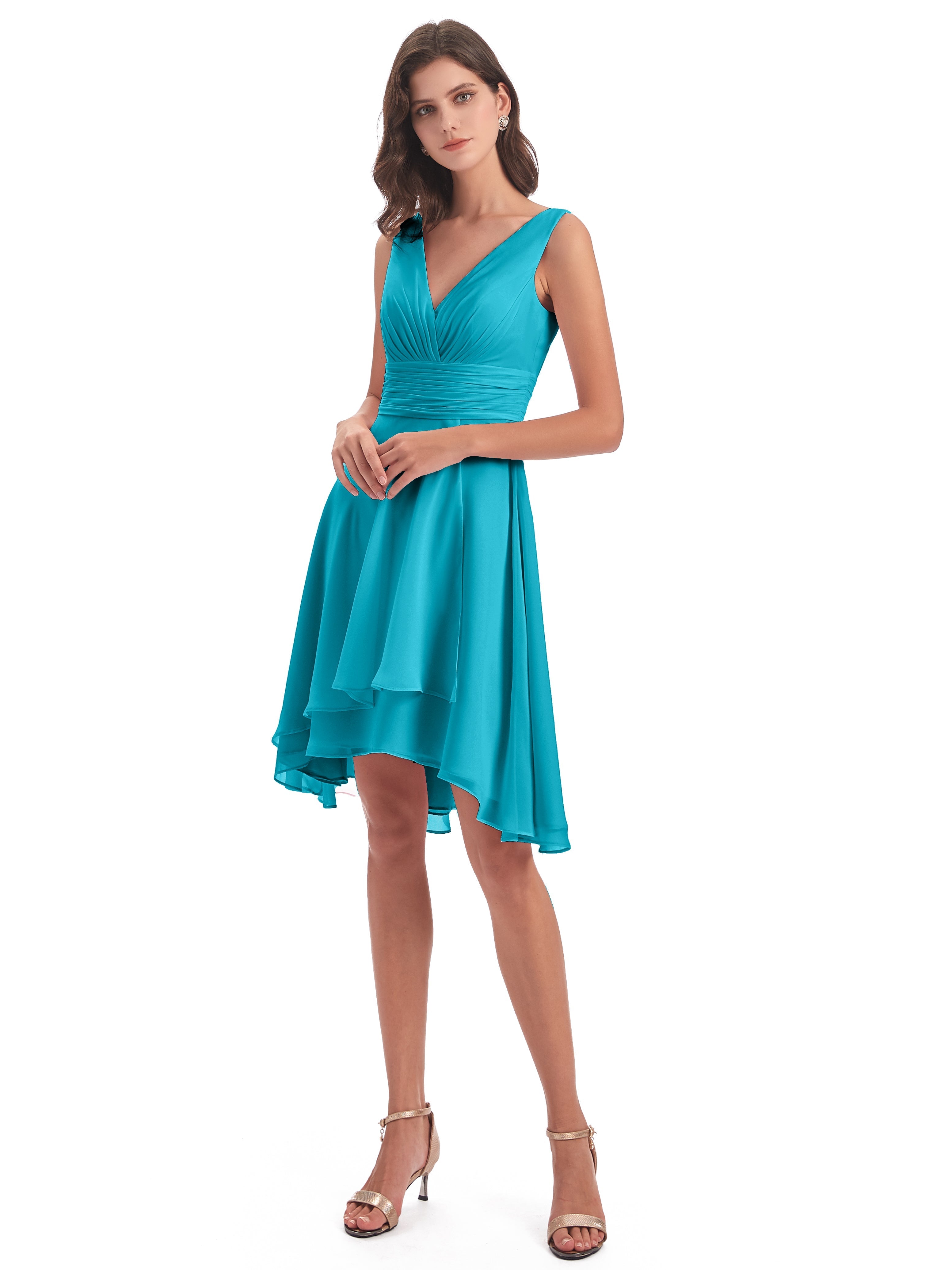 Robes De Demoiselle D'Honneur Vert Jade Haute Basse Col V Robes Demoiselle D'Honneur