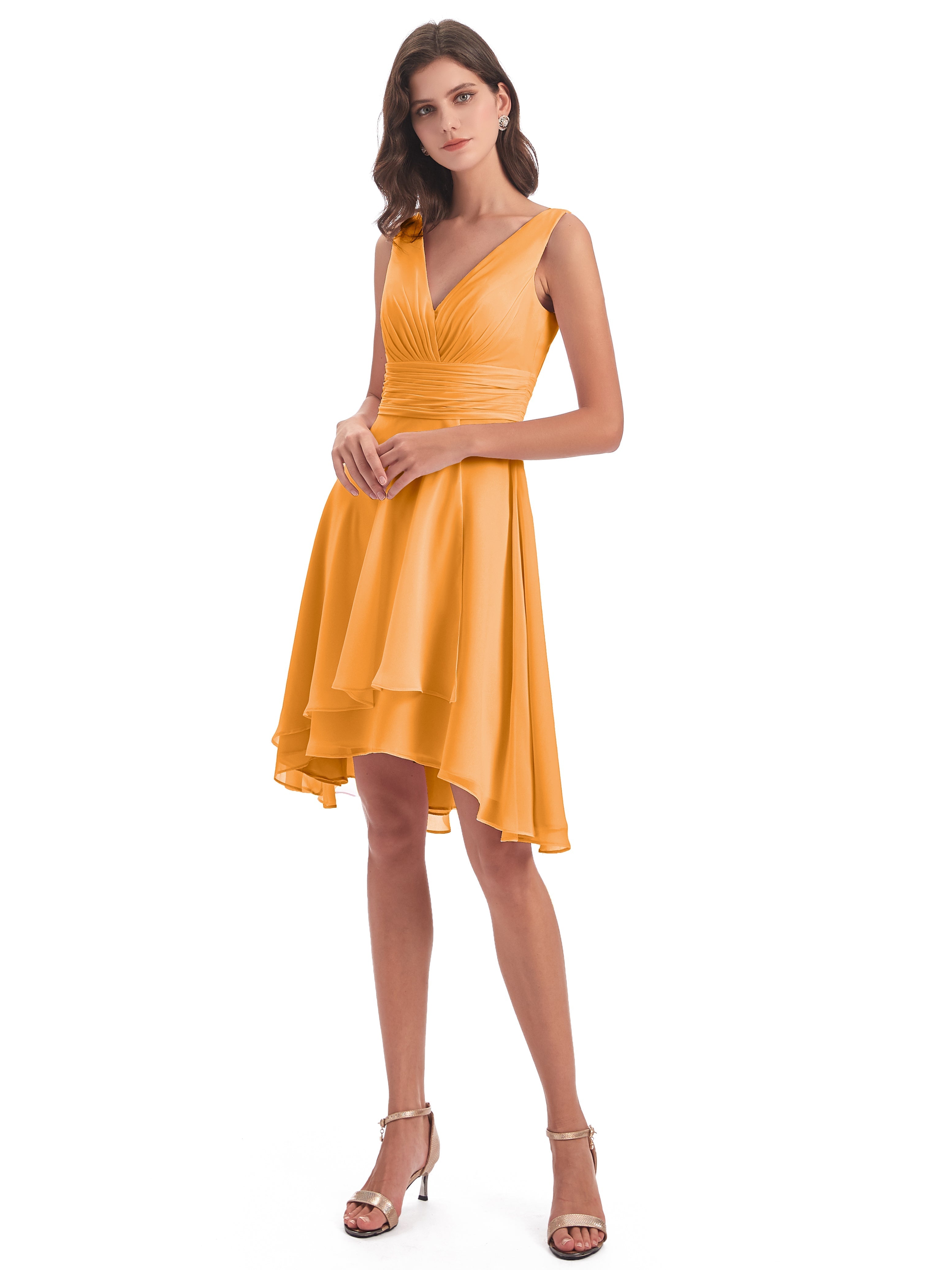 Robes De Demoiselle D'Honneur Mandarine Haute Basse Col V Robes Demoiselle D'Honneur