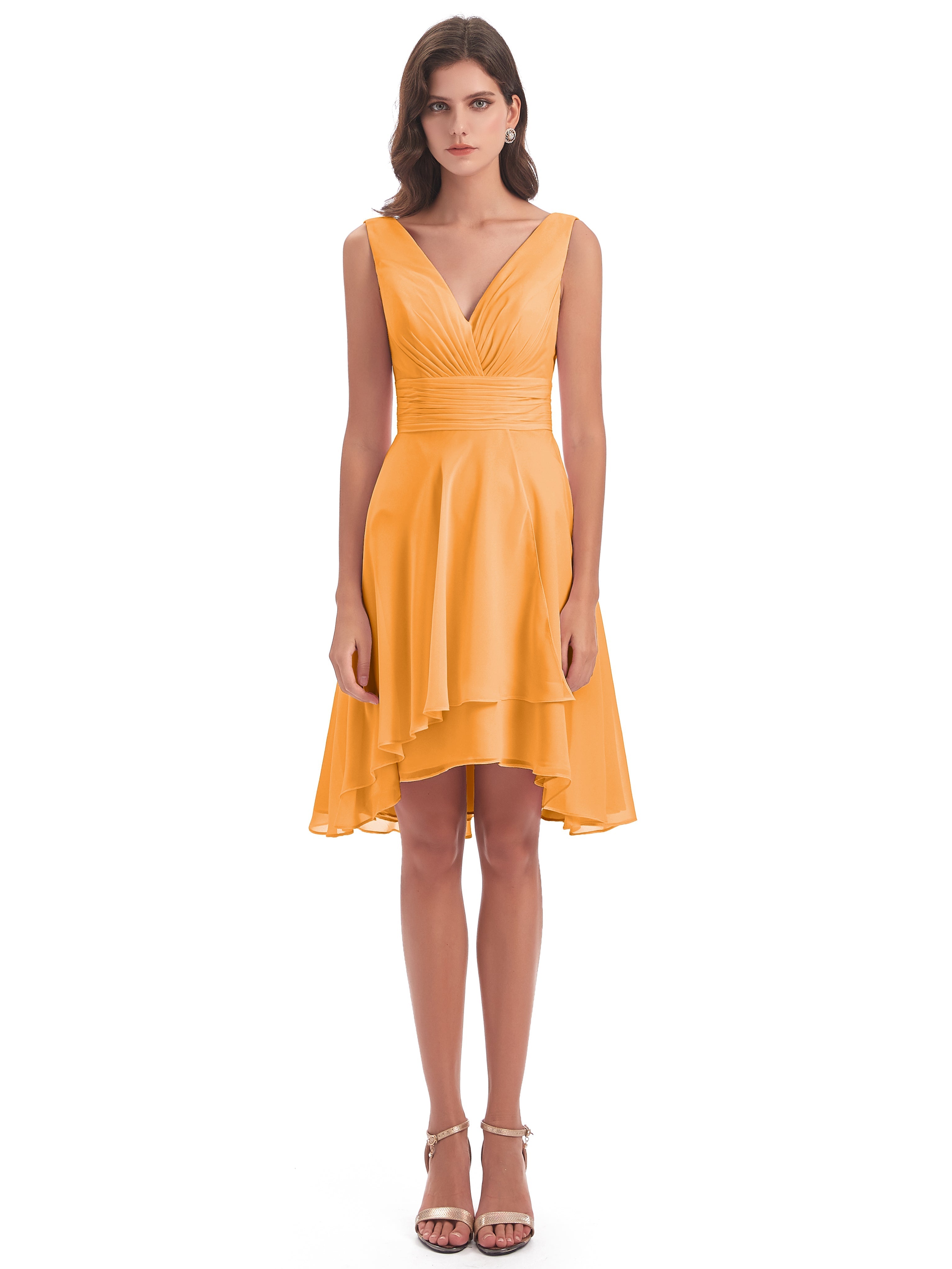 Robes De Demoiselle D'Honneur Mandarine Haute Basse Col V Robes Demoiselle D'Honneur