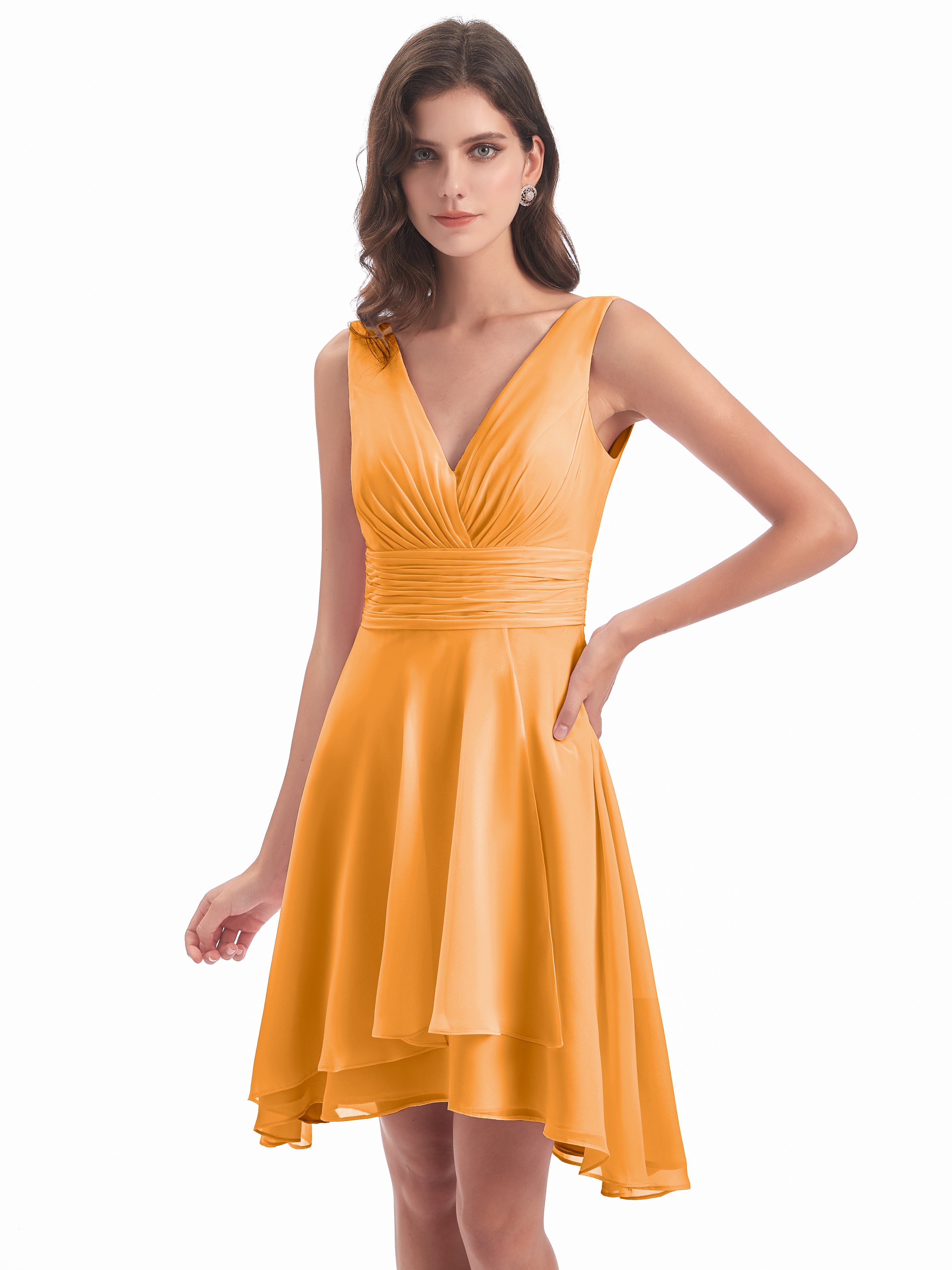 Robes De Demoiselle D'Honneur Mandarine Haute Basse Col V Robes Demoiselle D'Honneur