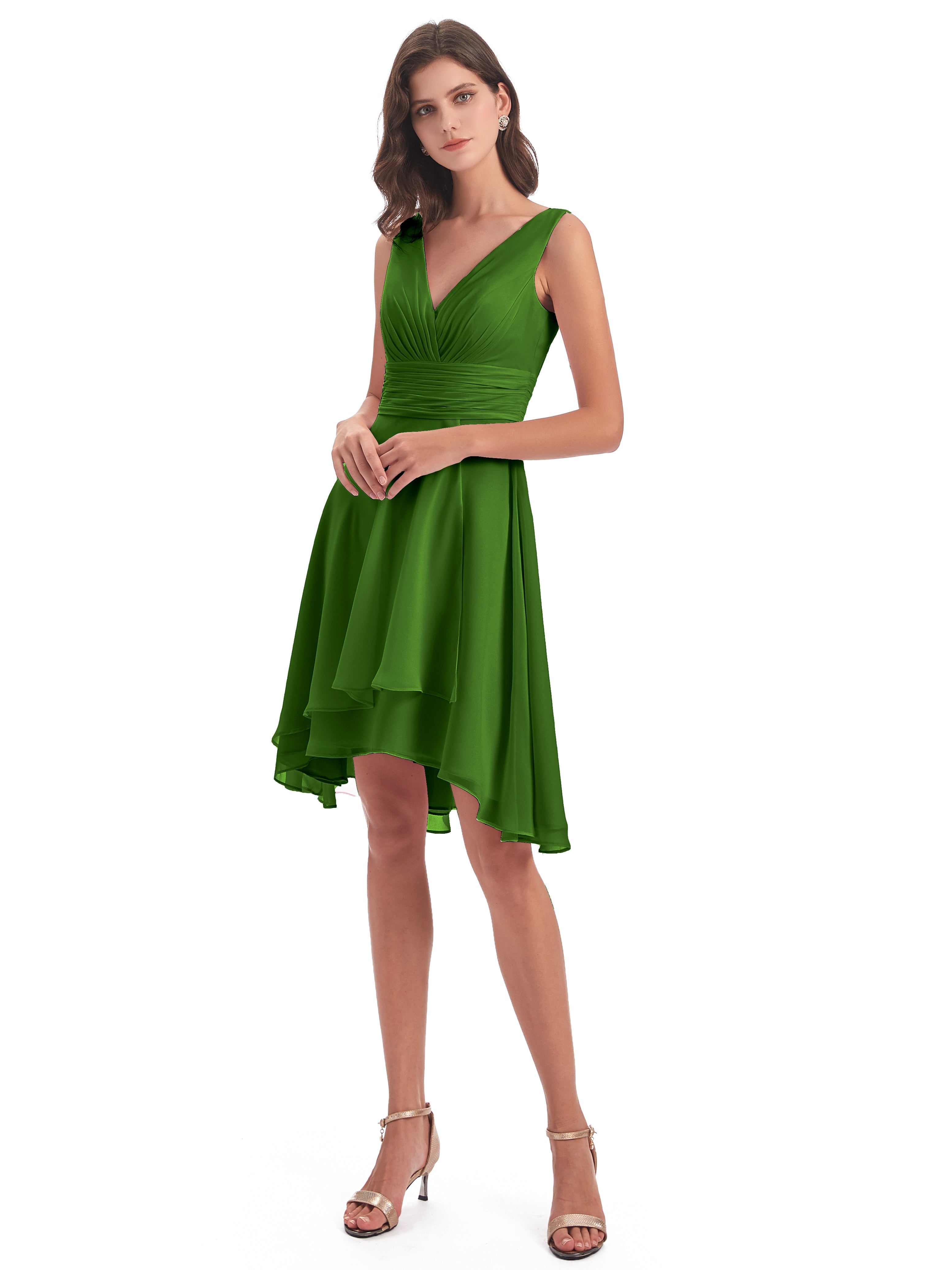 Robes De Demoiselle D'Honneur Vert Mousse Haute Basse Col V Robes Demoiselle D'Honneur