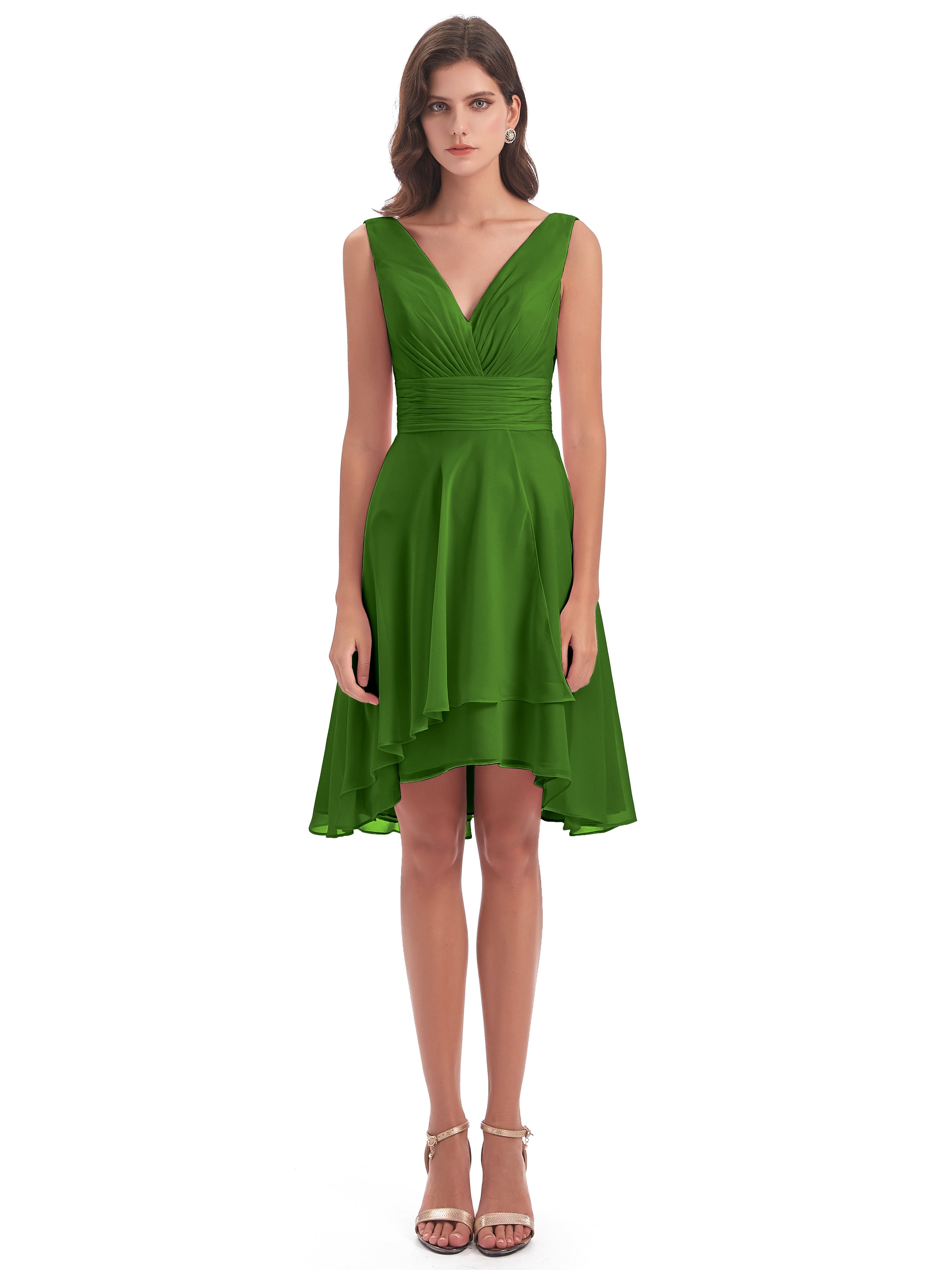 Robes De Demoiselle D'Honneur Vert Mousse Haute Basse Col V Robes Demoiselle D'Honneur