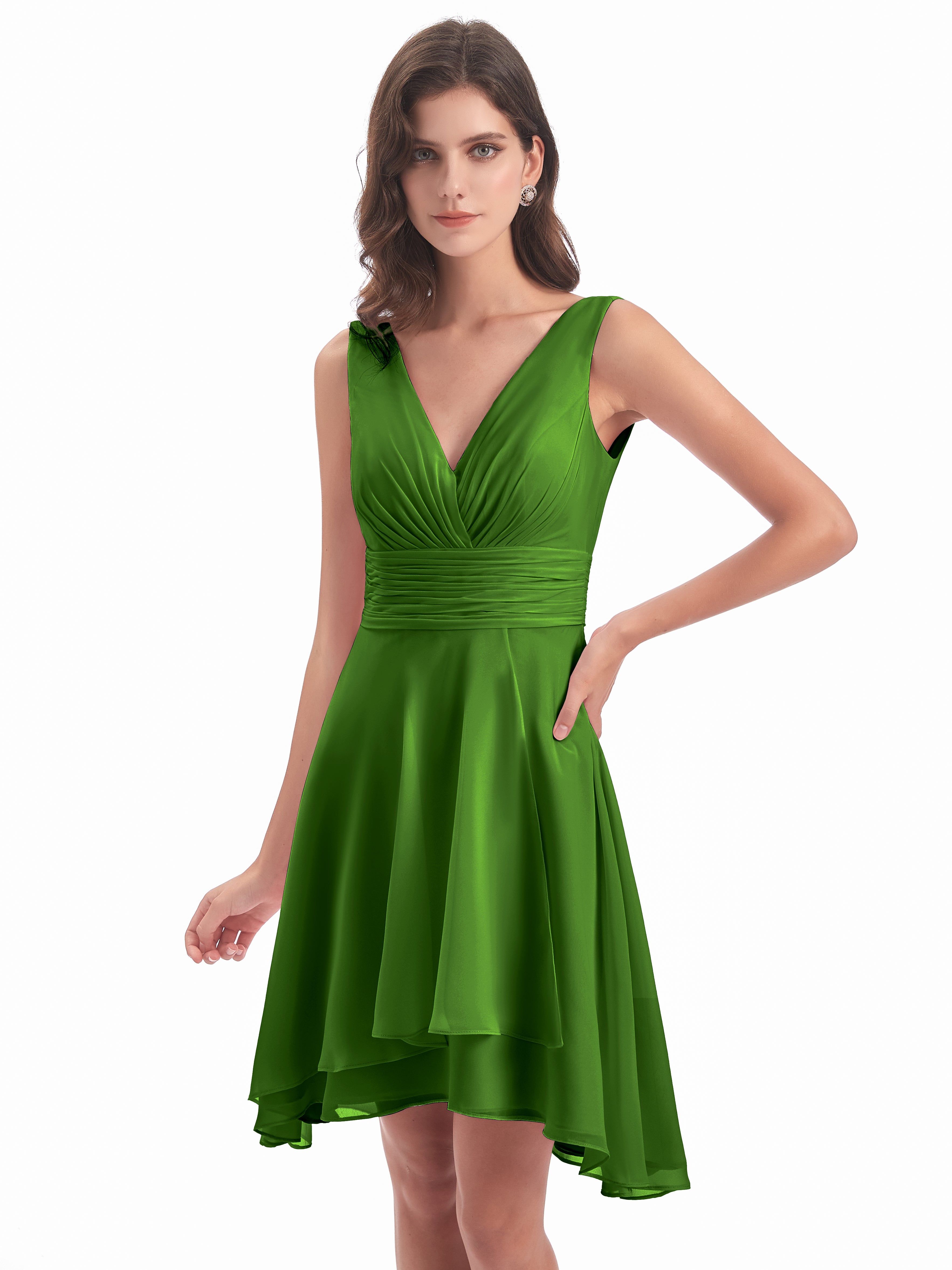 Robes De Demoiselle D'Honneur Vert Mousse Haute Basse Col V Robes Demoiselle D'Honneur