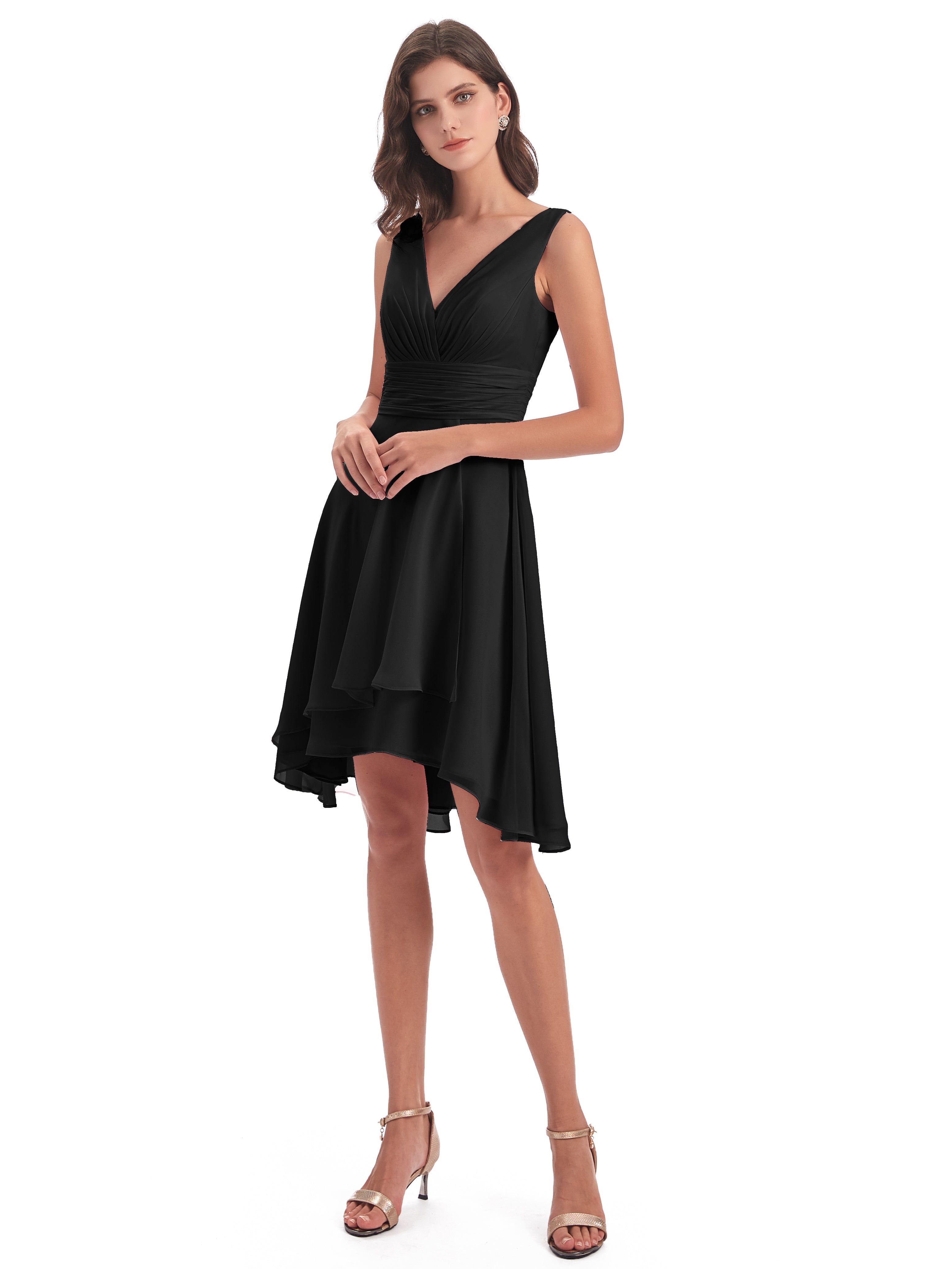 Robes De Demoiselle D'Honneur Noires Haute Basse Col V Robes Demoiselle D'Honneur