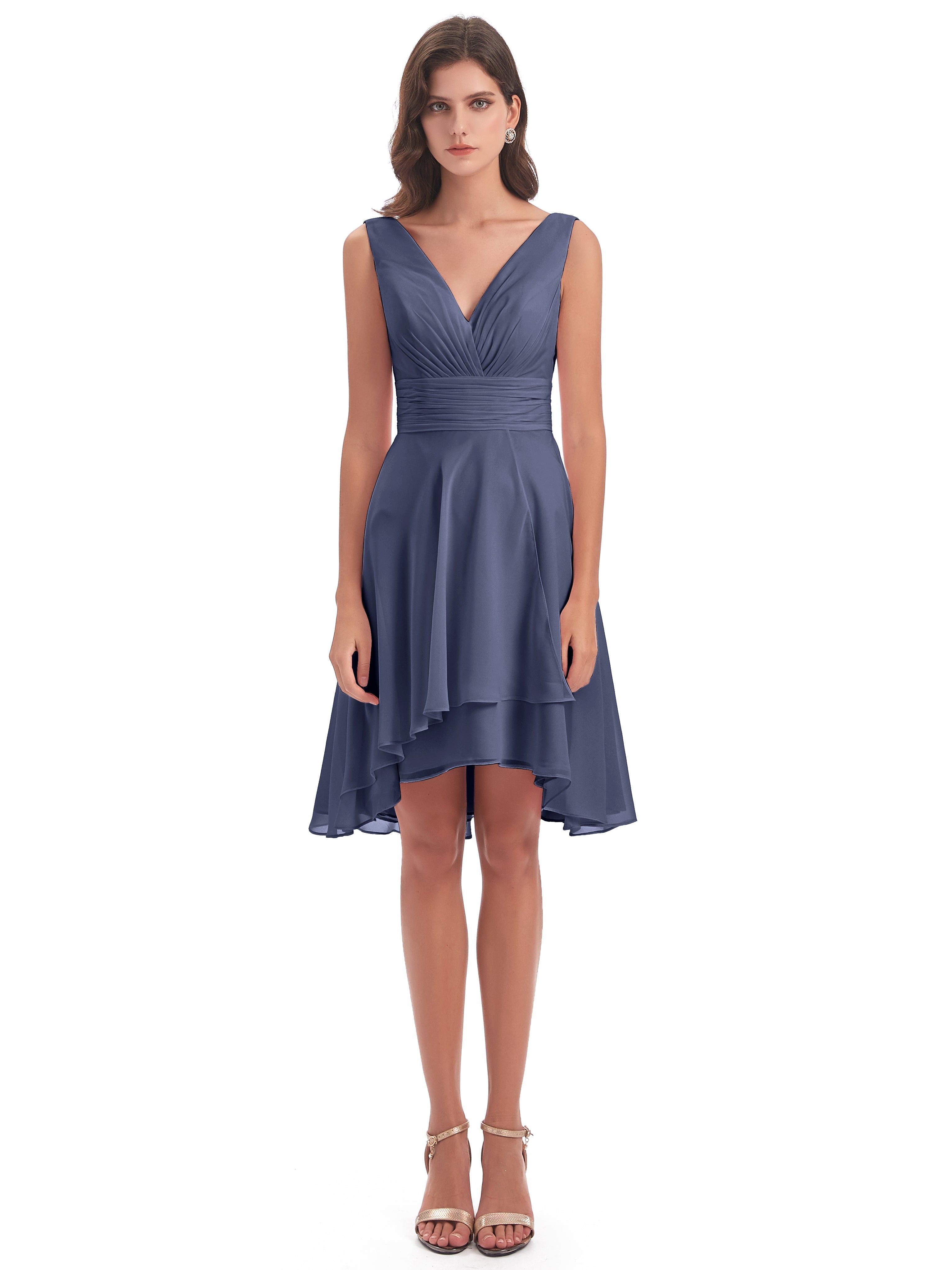 Robes De Demoiselle D'Honneur Bleu Orageux Haute Basse Col V Robes Demoiselle D'Honneur