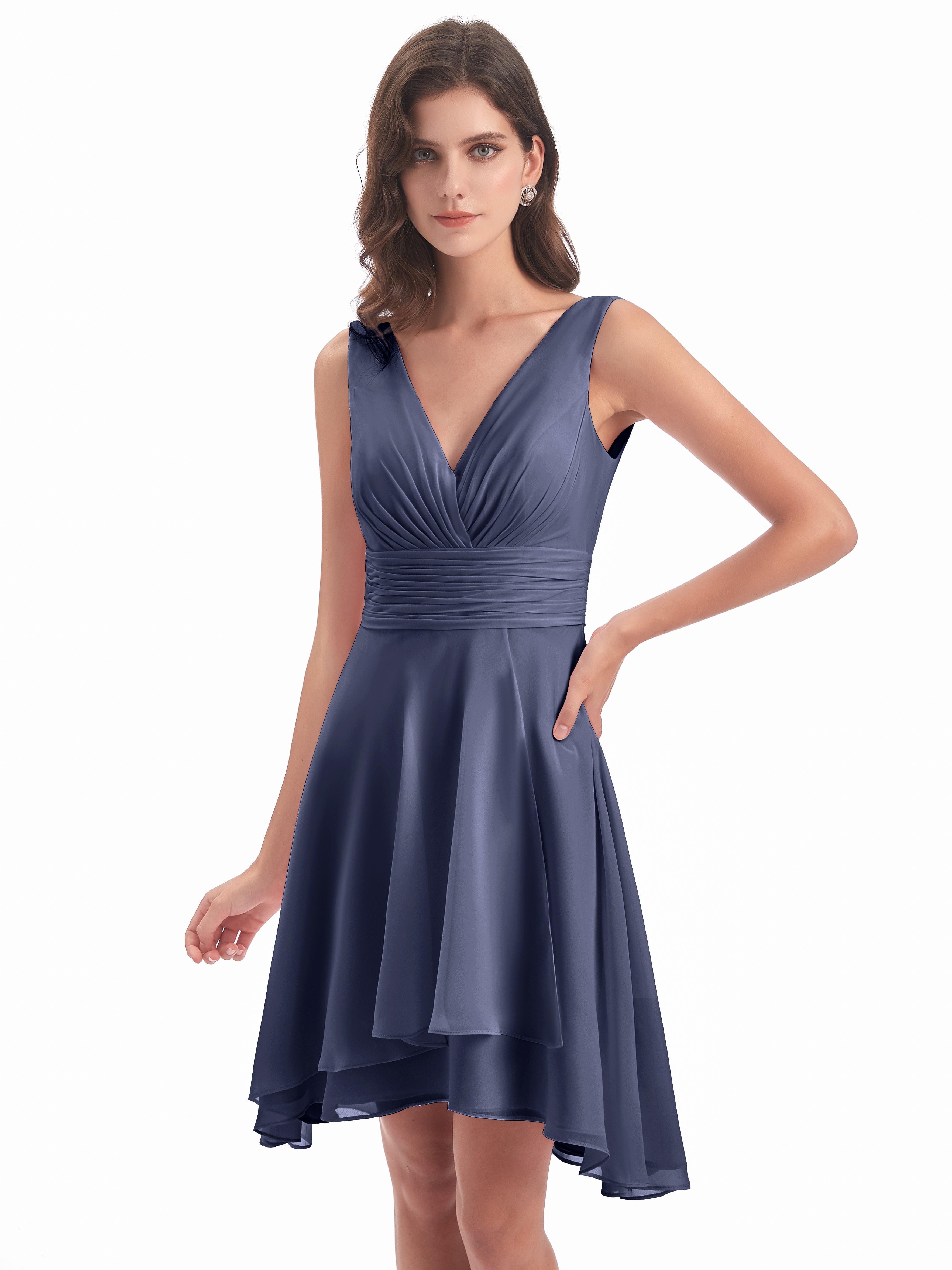 Robes De Demoiselle D'Honneur Bleu Orageux Haute Basse Col V Robes Demoiselle D'Honneur