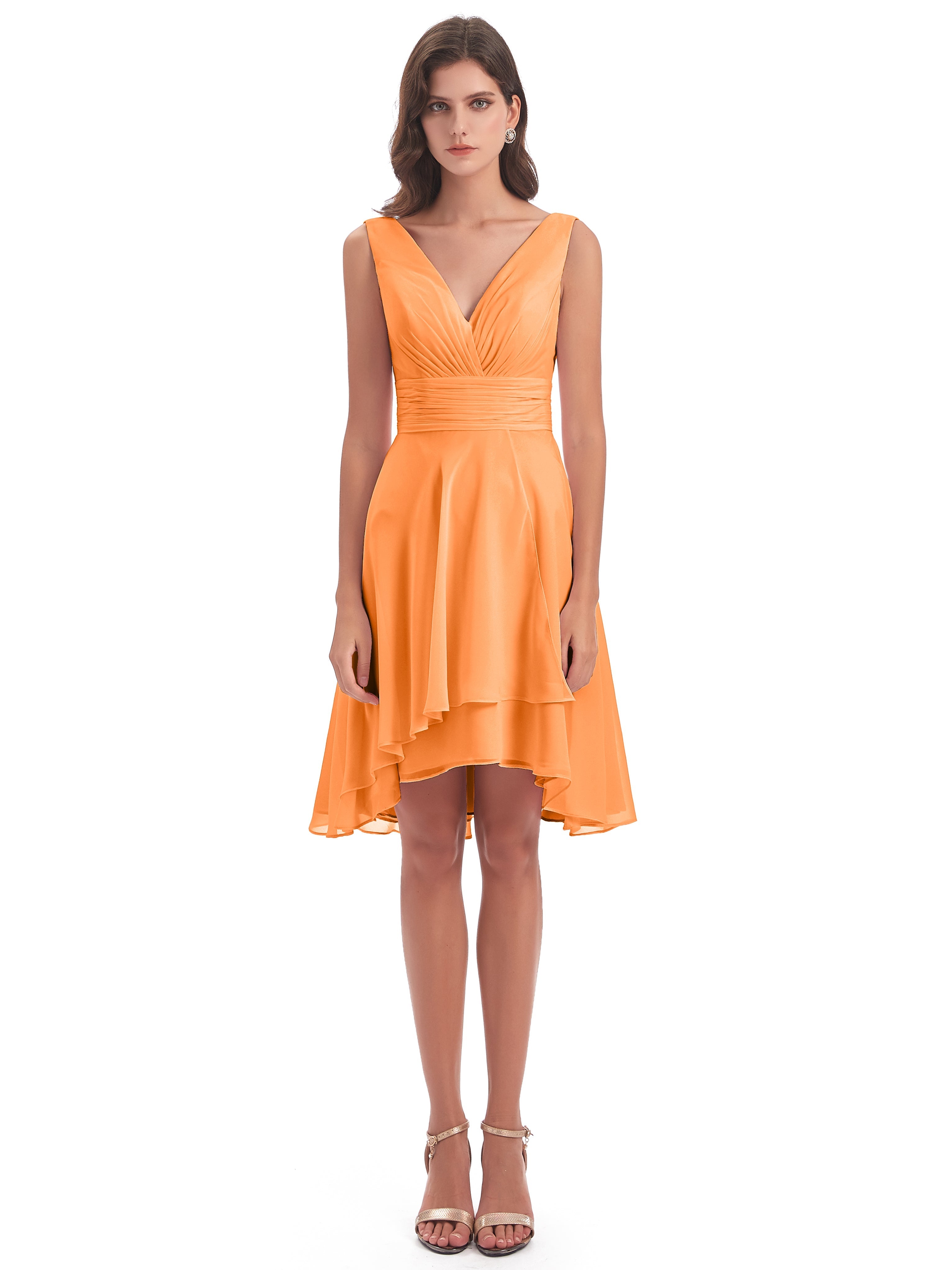 Robe Demoiselle D Honneur Orange Haute Basse Col V Robes Demoiselle D'Honneur
