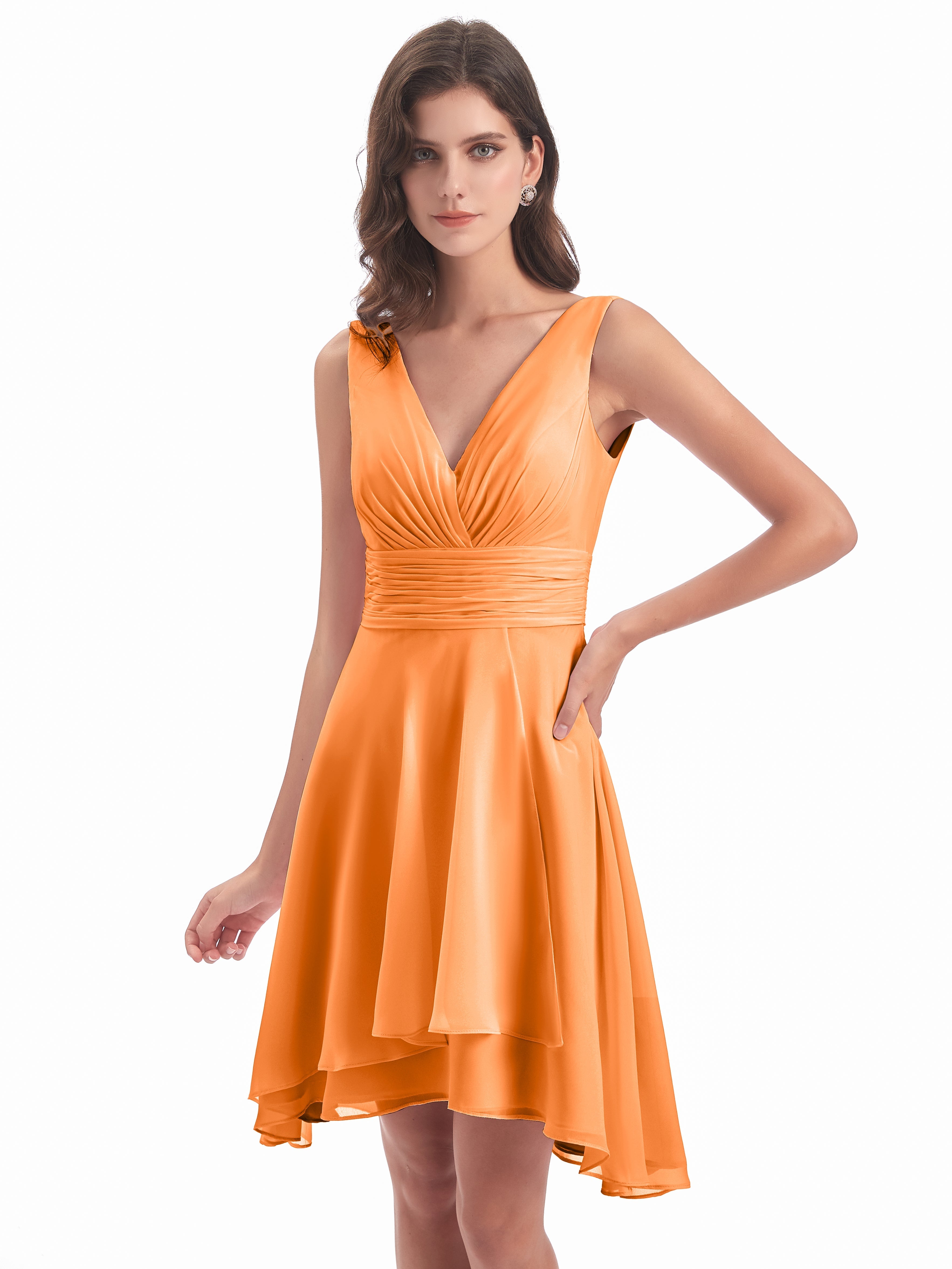 Robe Demoiselle D Honneur Orange Haute Basse Col V Robes Demoiselle D'Honneur