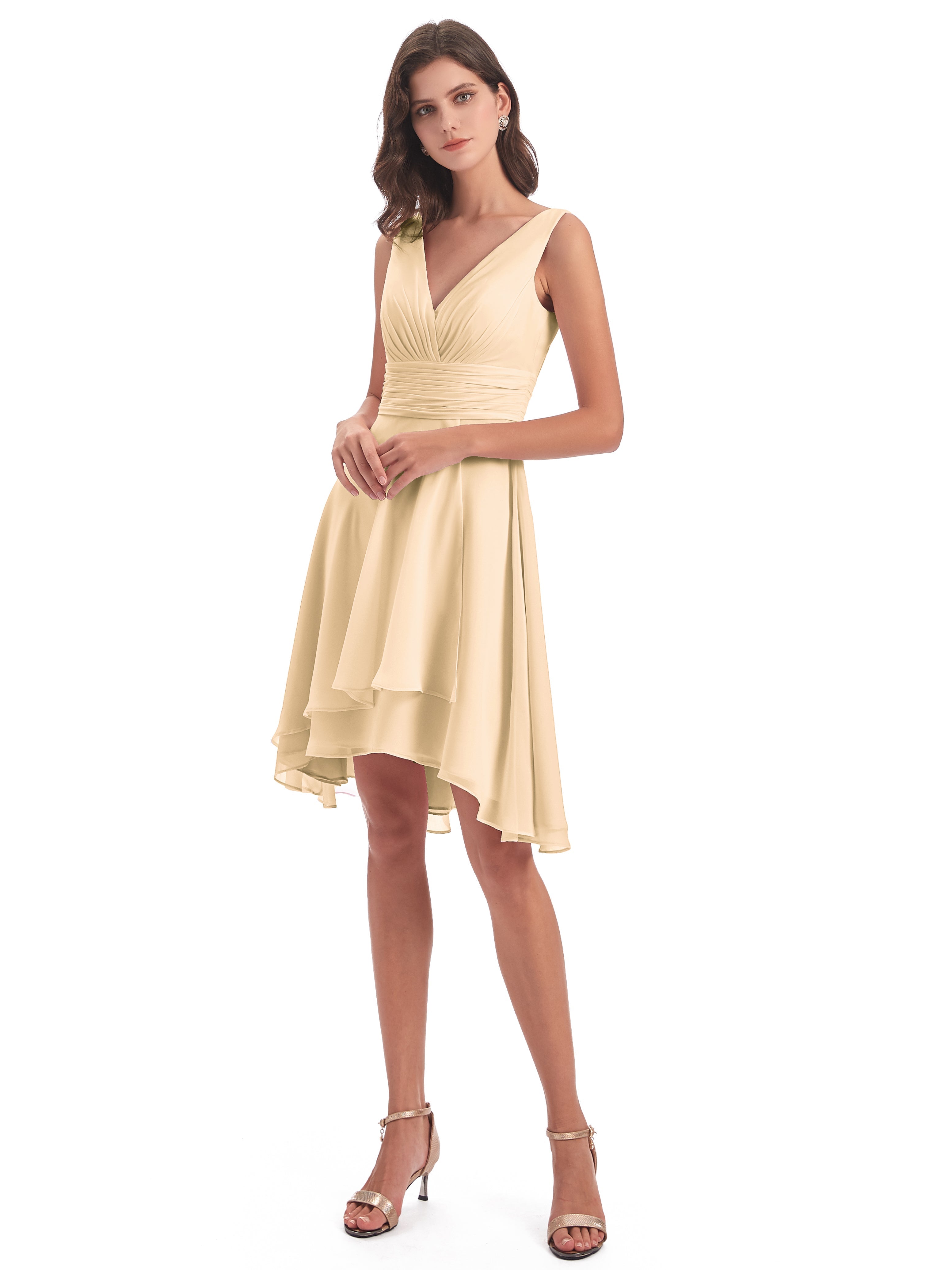 Robes De Demoiselle D'Honneur Rose Pêche Haute Basse Col V Robes Demoiselle D'Honneur