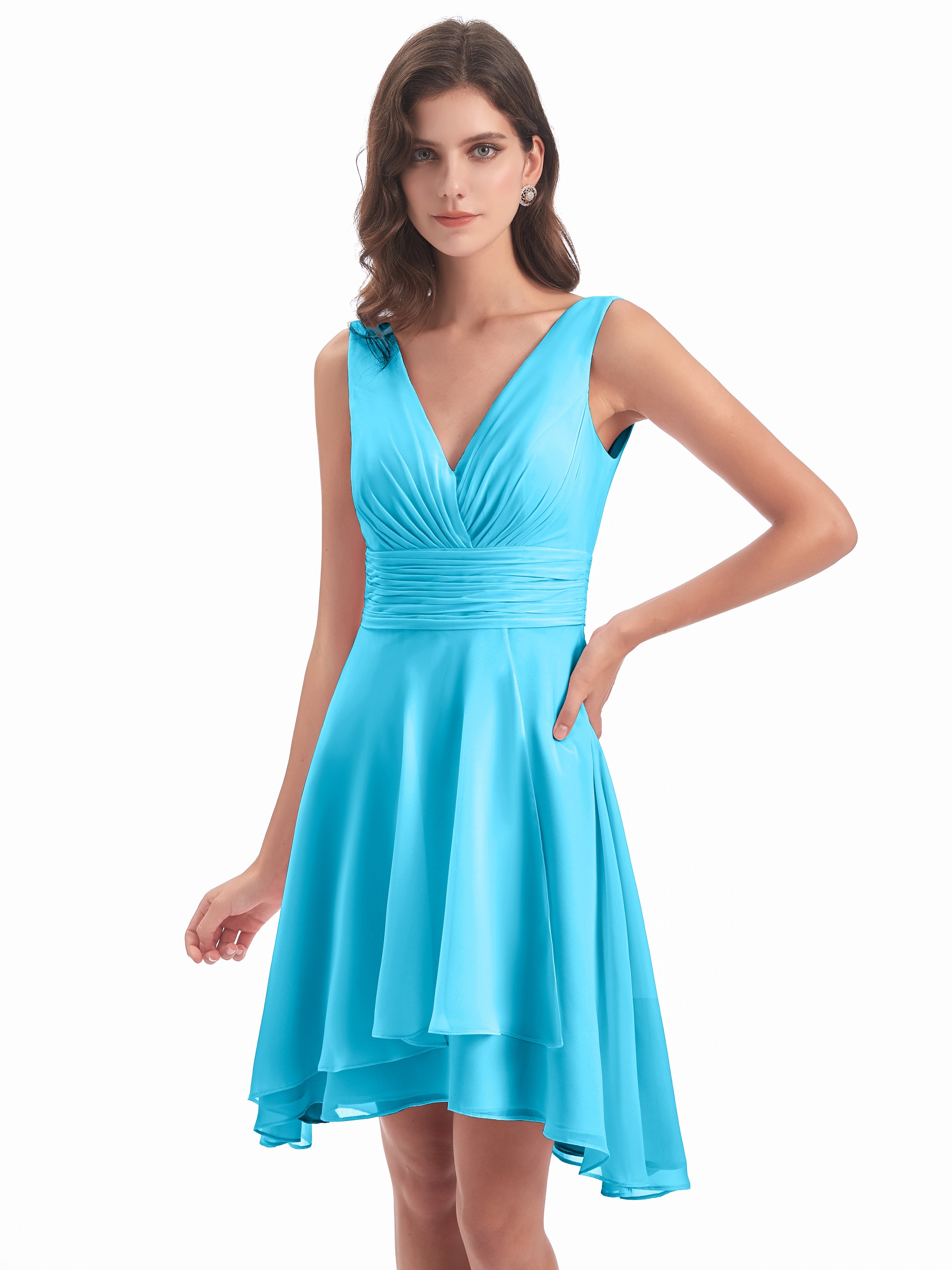 Robe De Demoiselle D'Honneur En Piscine Haute Basse Col V Robes Demoiselle D'Honneur