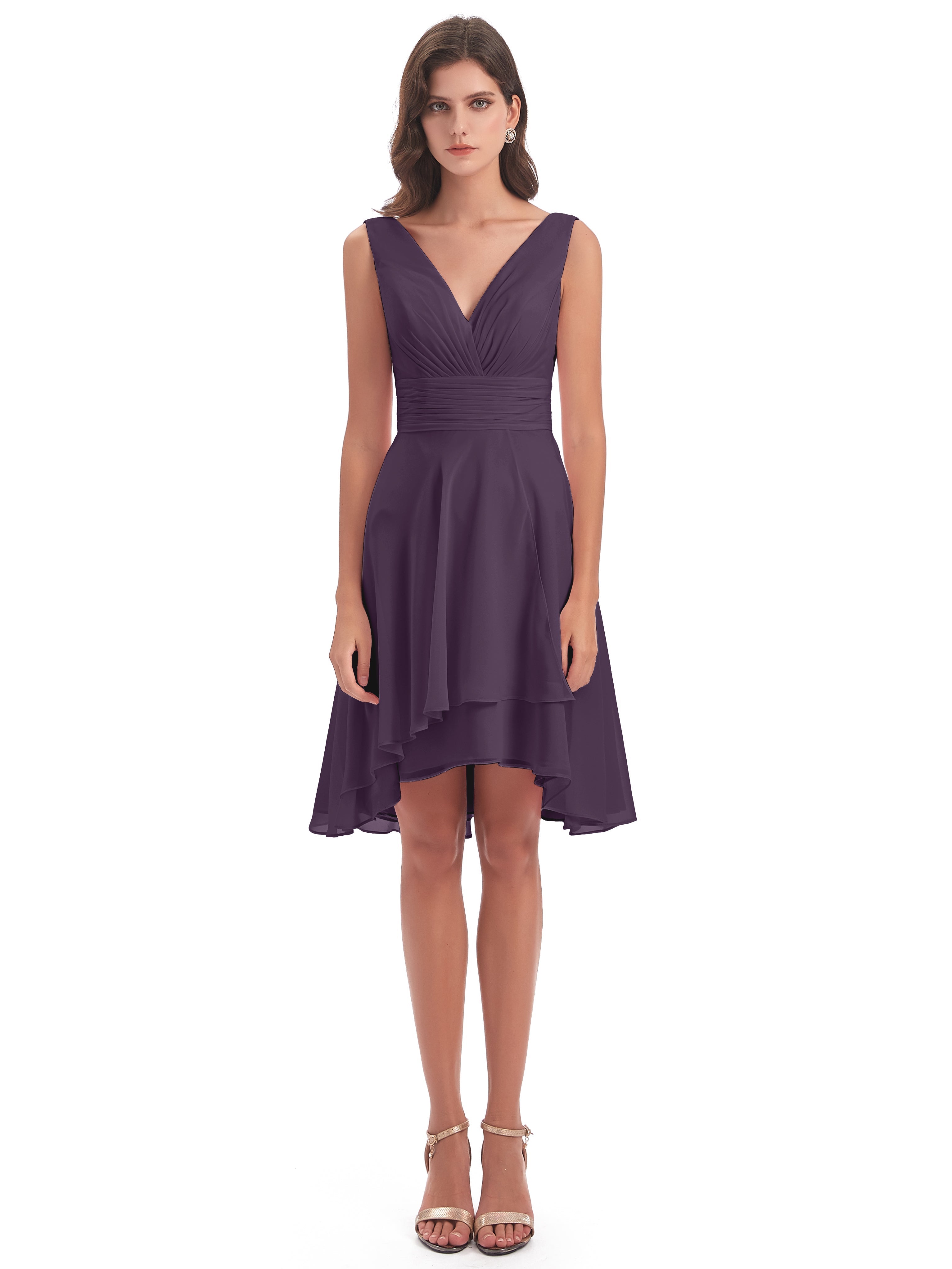 Robe De Demoiselle D'Honneur En Plum Haute Basse Col V Robes Demoiselle D'Honneur