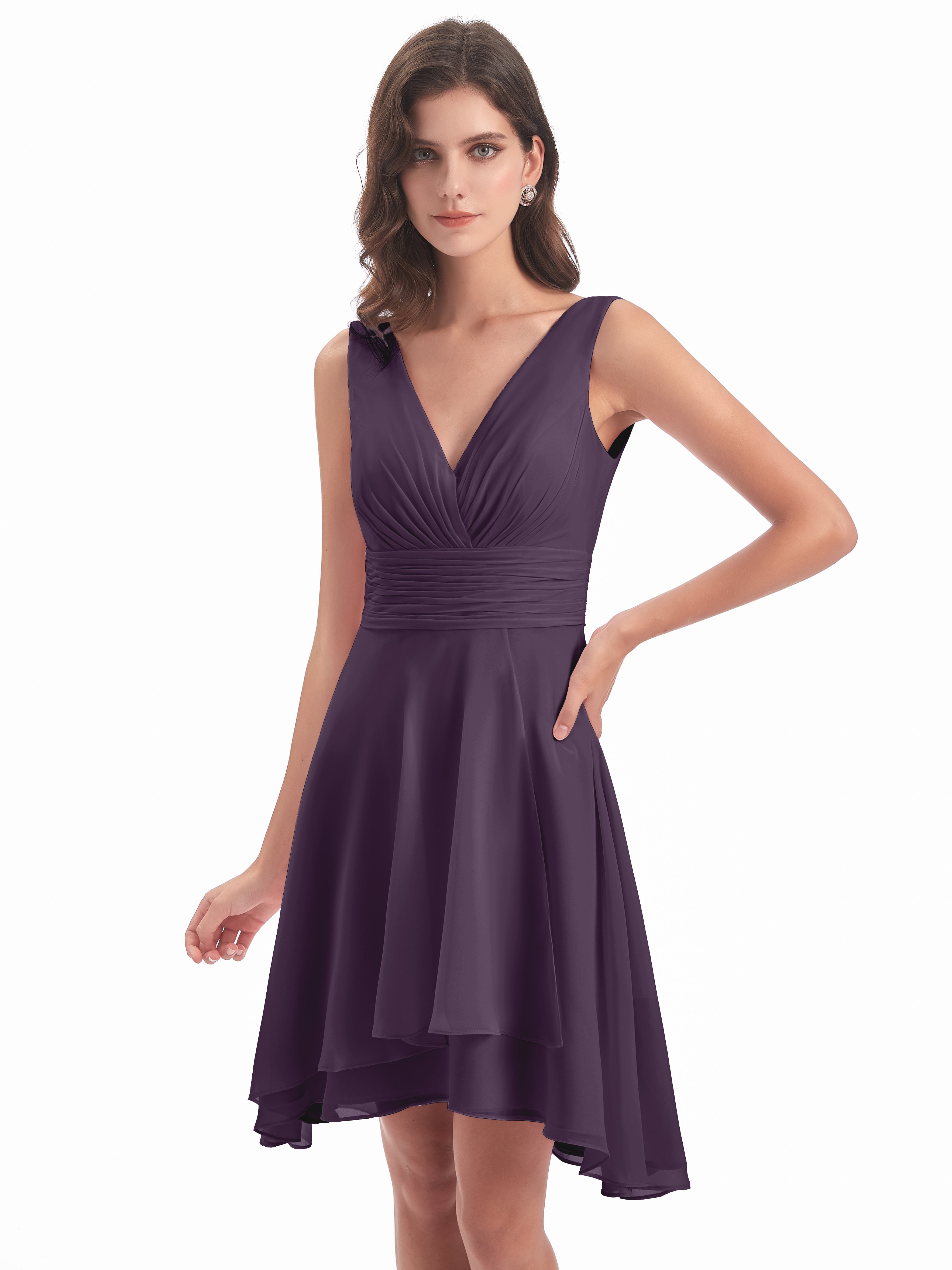 Robe De Demoiselle D'Honneur En Plum Haute Basse Col V Robes Demoiselle D'Honneur