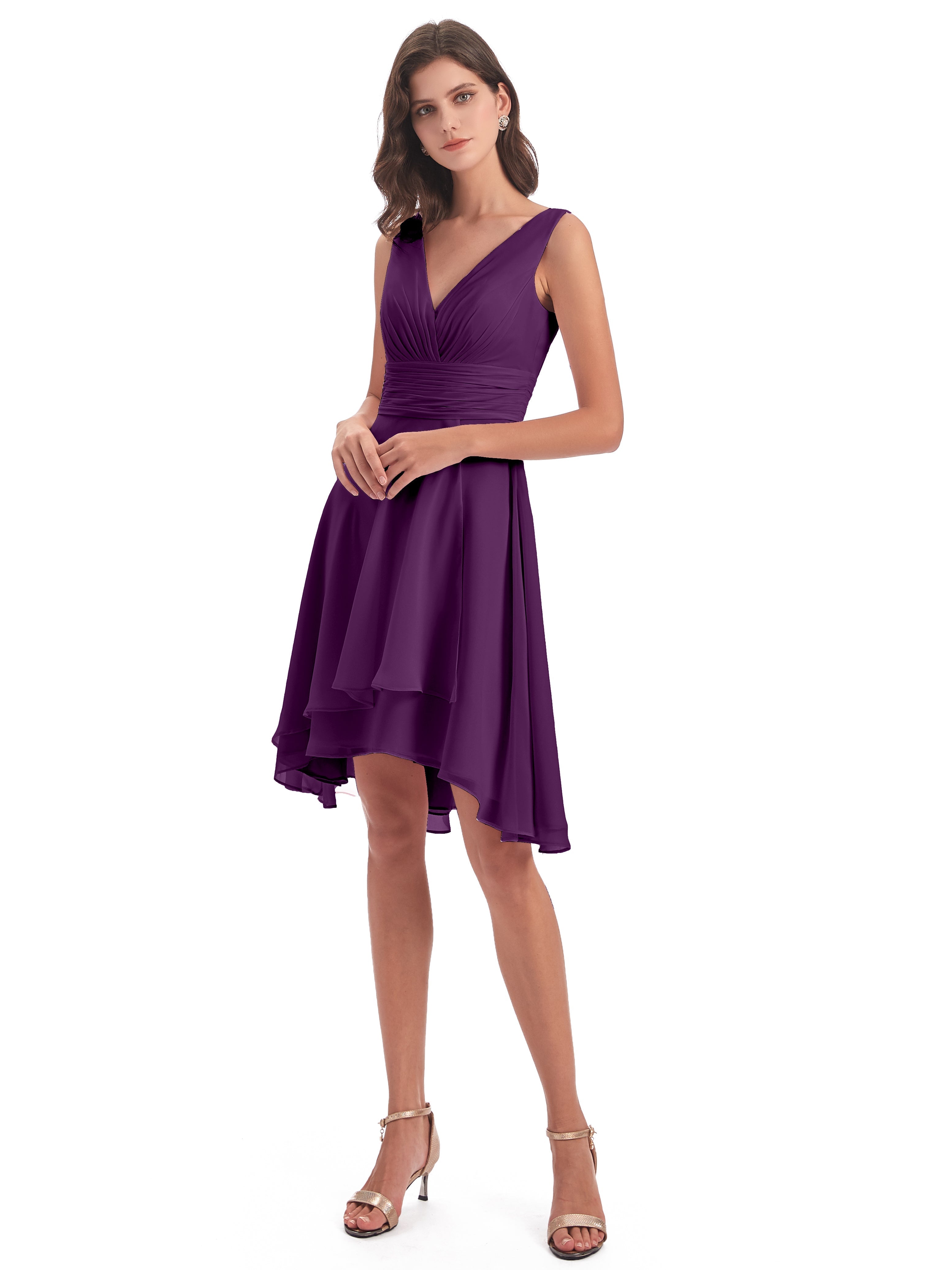 Robes De Demoiselle D'Honneur En Raisin Haute Basse Col V Robes Demoiselle D'Honneur