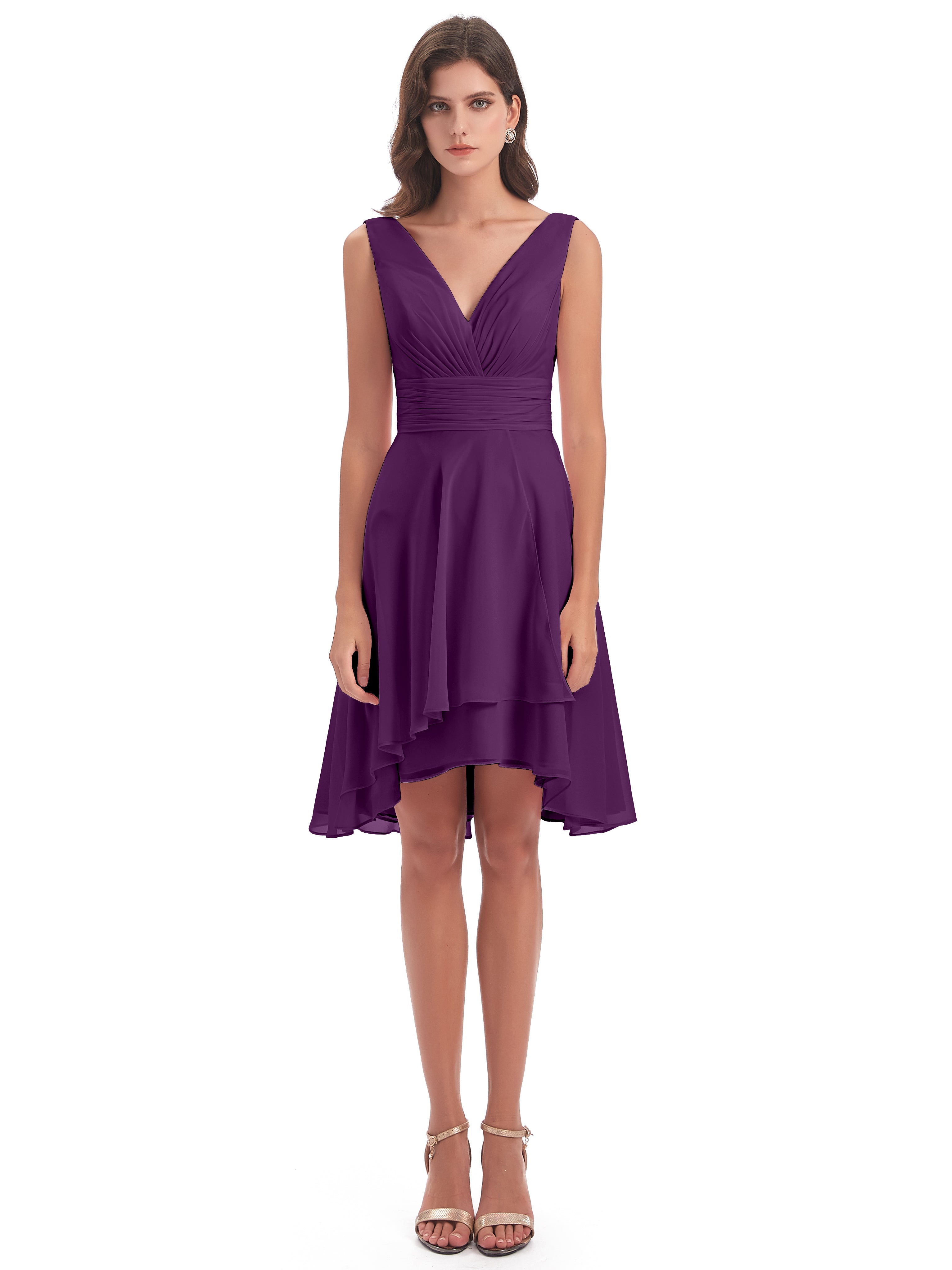 Robes De Demoiselle D'Honneur En Raisin Haute Basse Col V Robes Demoiselle D'Honneur
