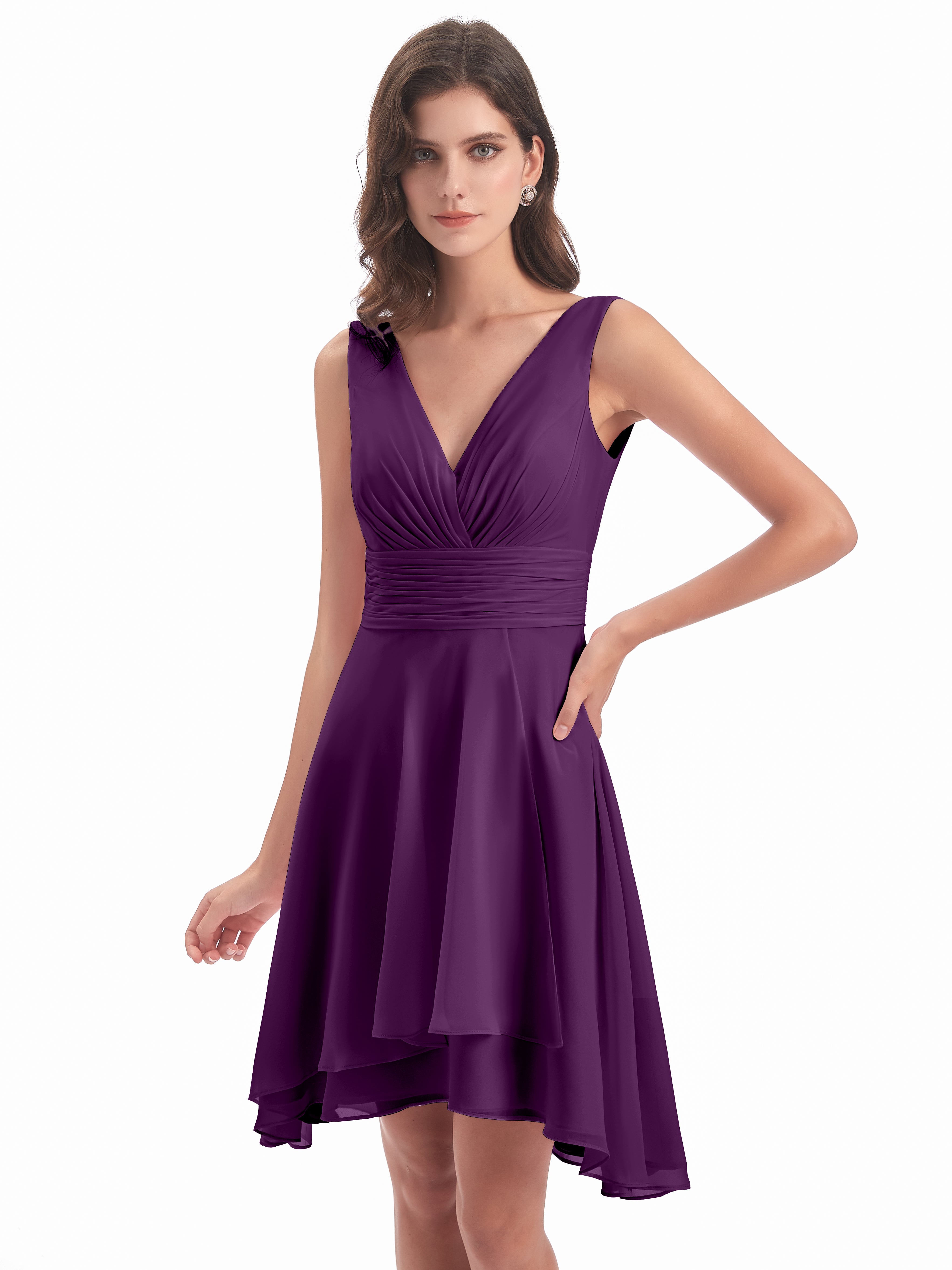 Robes De Demoiselle D'Honneur En Raisin Haute Basse Col V Robes Demoiselle D'Honneur