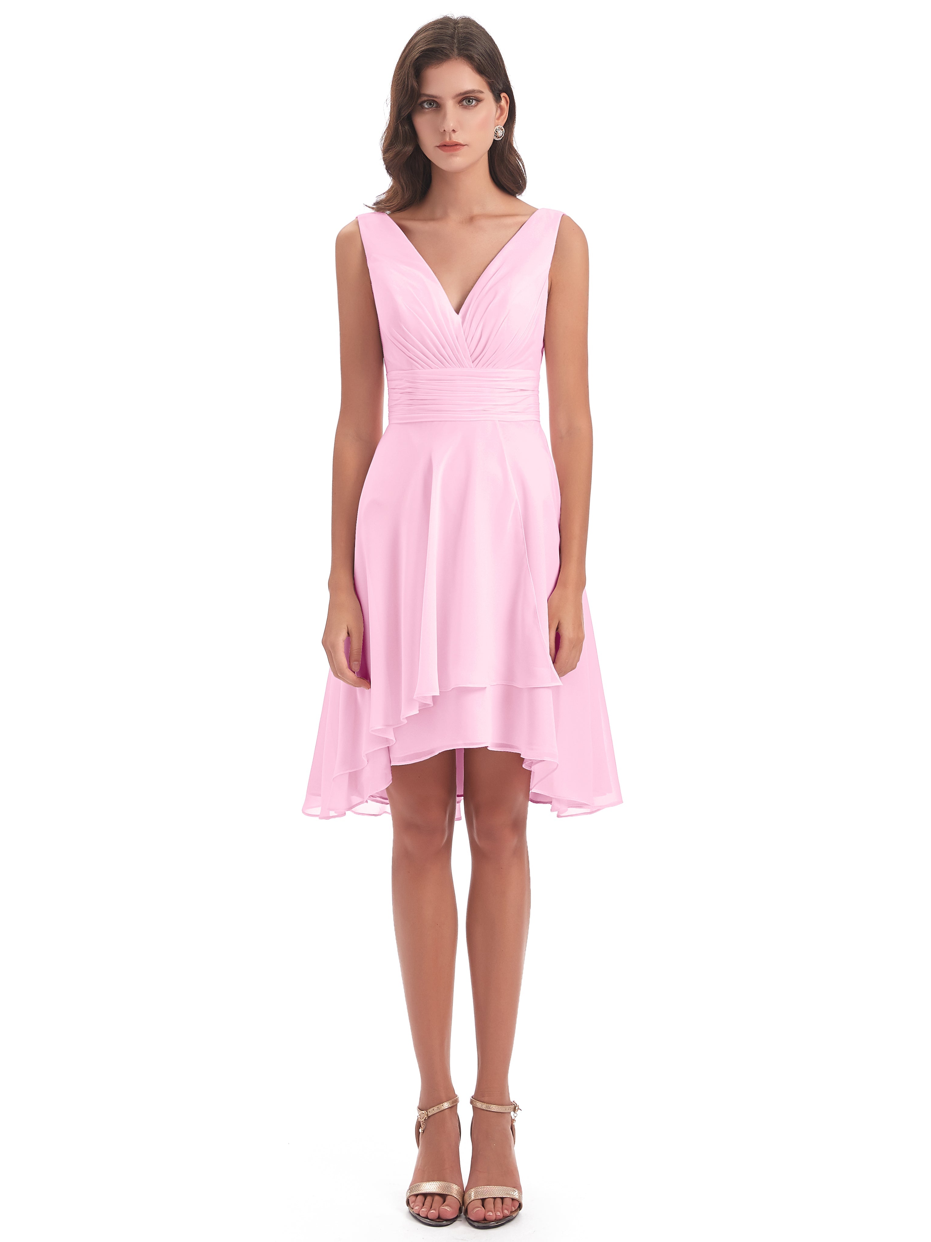 Robes De Demoiselle D'Honneur Rose Bonbon Haute Basse Col V Robes Demoiselle D'Honneur