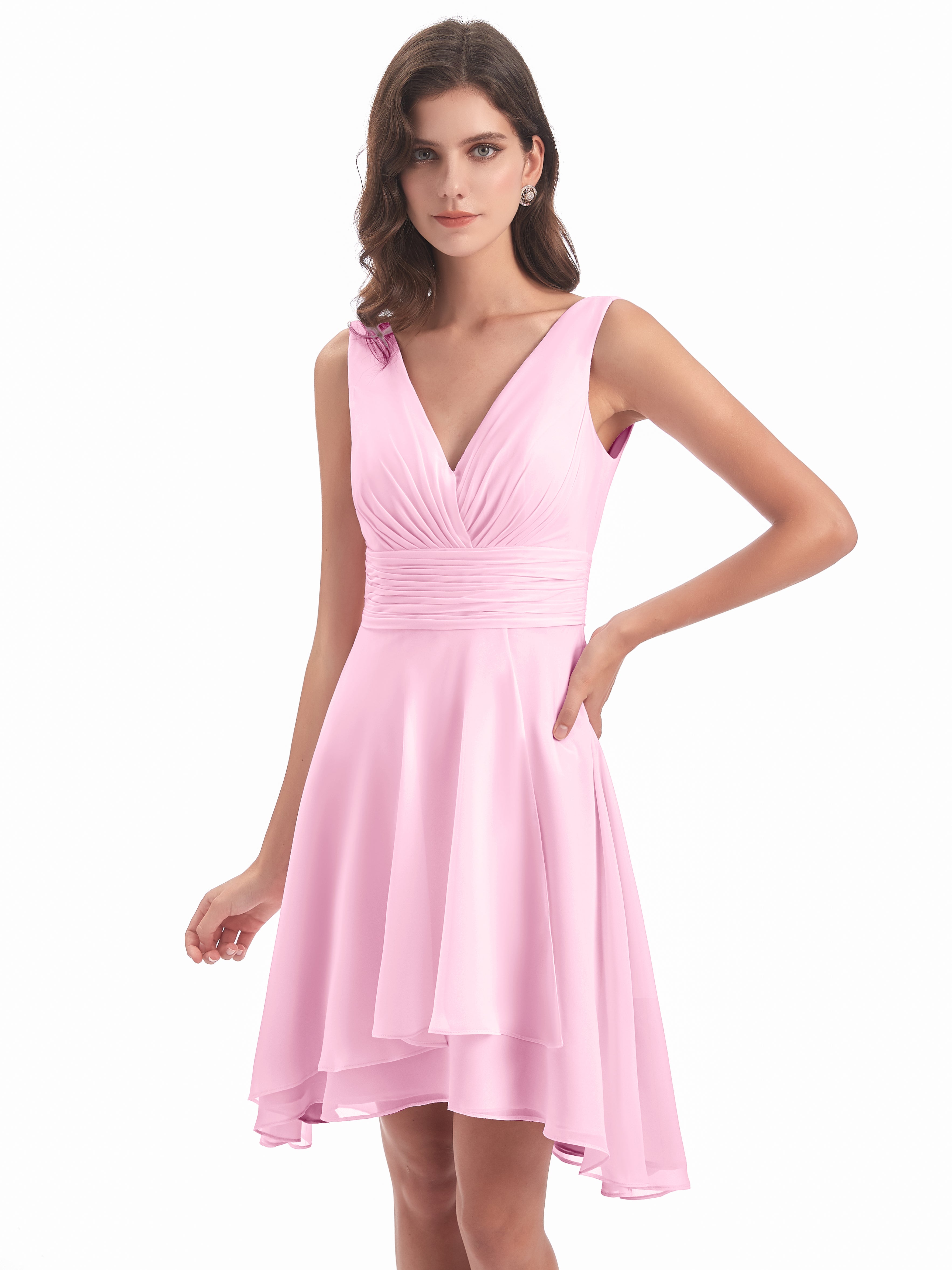 Robes De Demoiselle D'Honneur Rose Bonbon Haute Basse Col V Robes Demoiselle D'Honneur