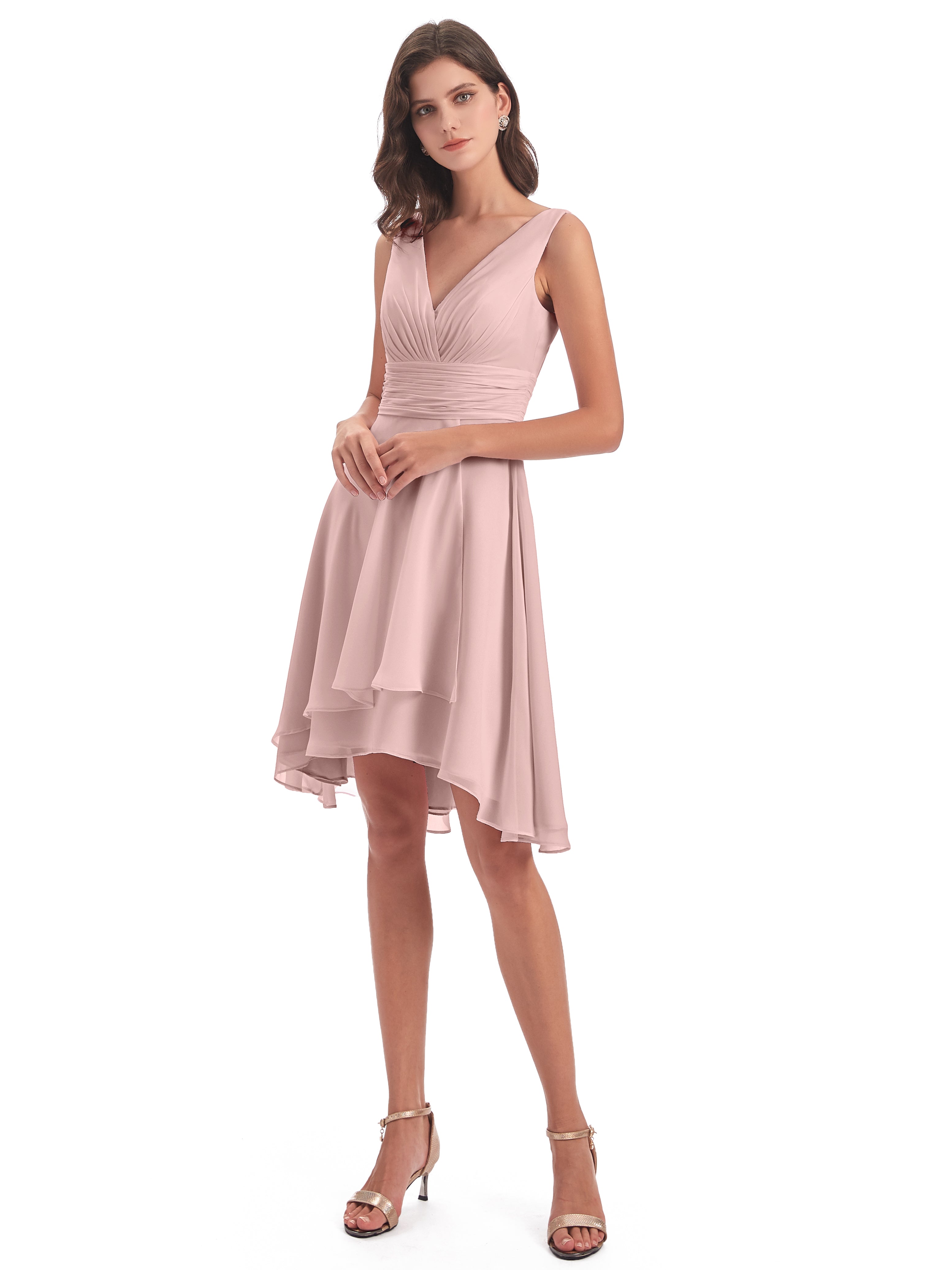 Longues Robes De Demoiselle D'Honneur De Rose Poudrée Haute Basse Col V Robes Demoiselle D'Honneur