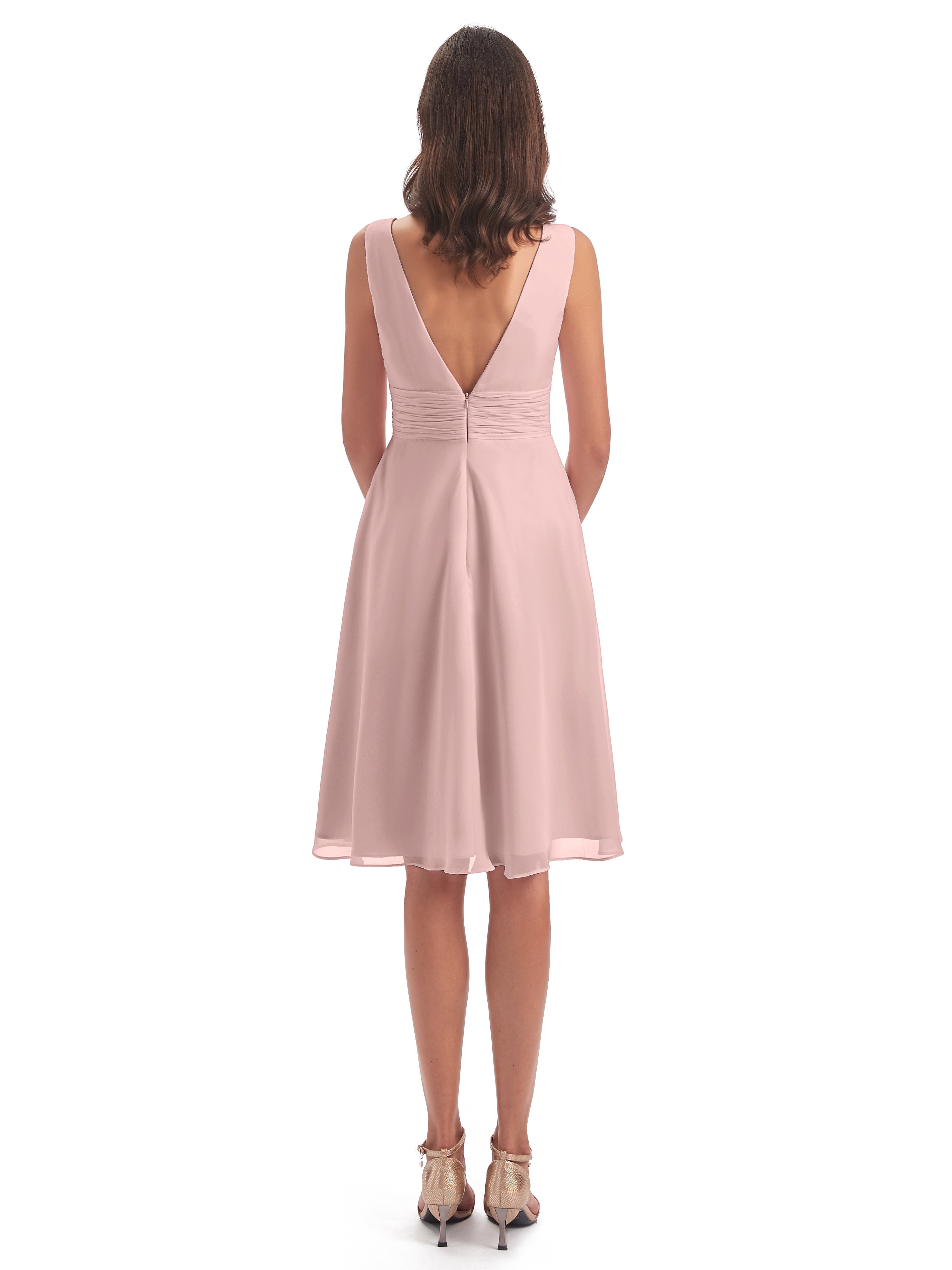 Longues Robes De Demoiselle D'Honneur De Rose Poudrée Haute Basse Col V Robes Demoiselle D'Honneur