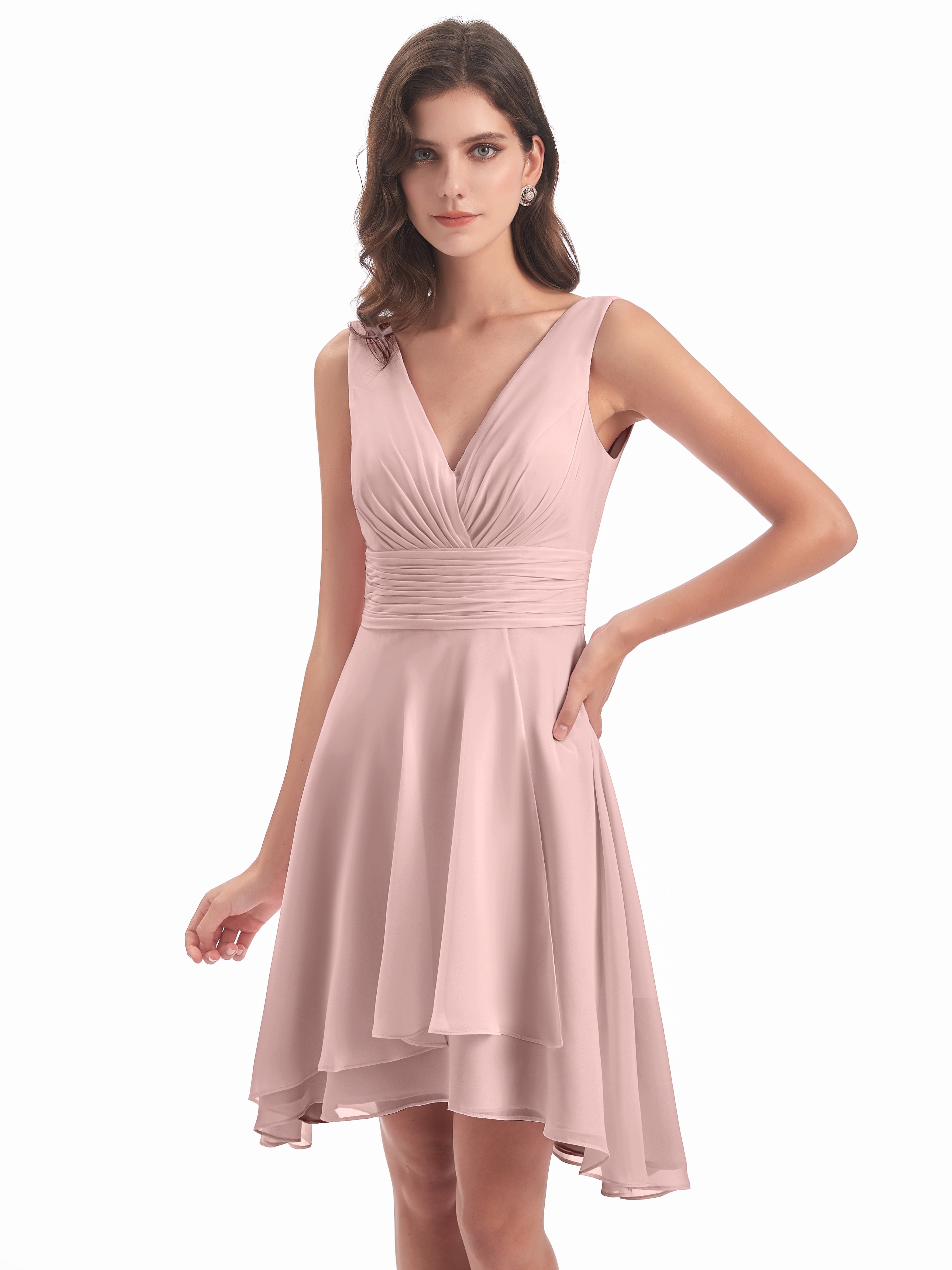 Longues Robes De Demoiselle D'Honneur De Rose Poudrée Haute Basse Col V Robes Demoiselle D'Honneur