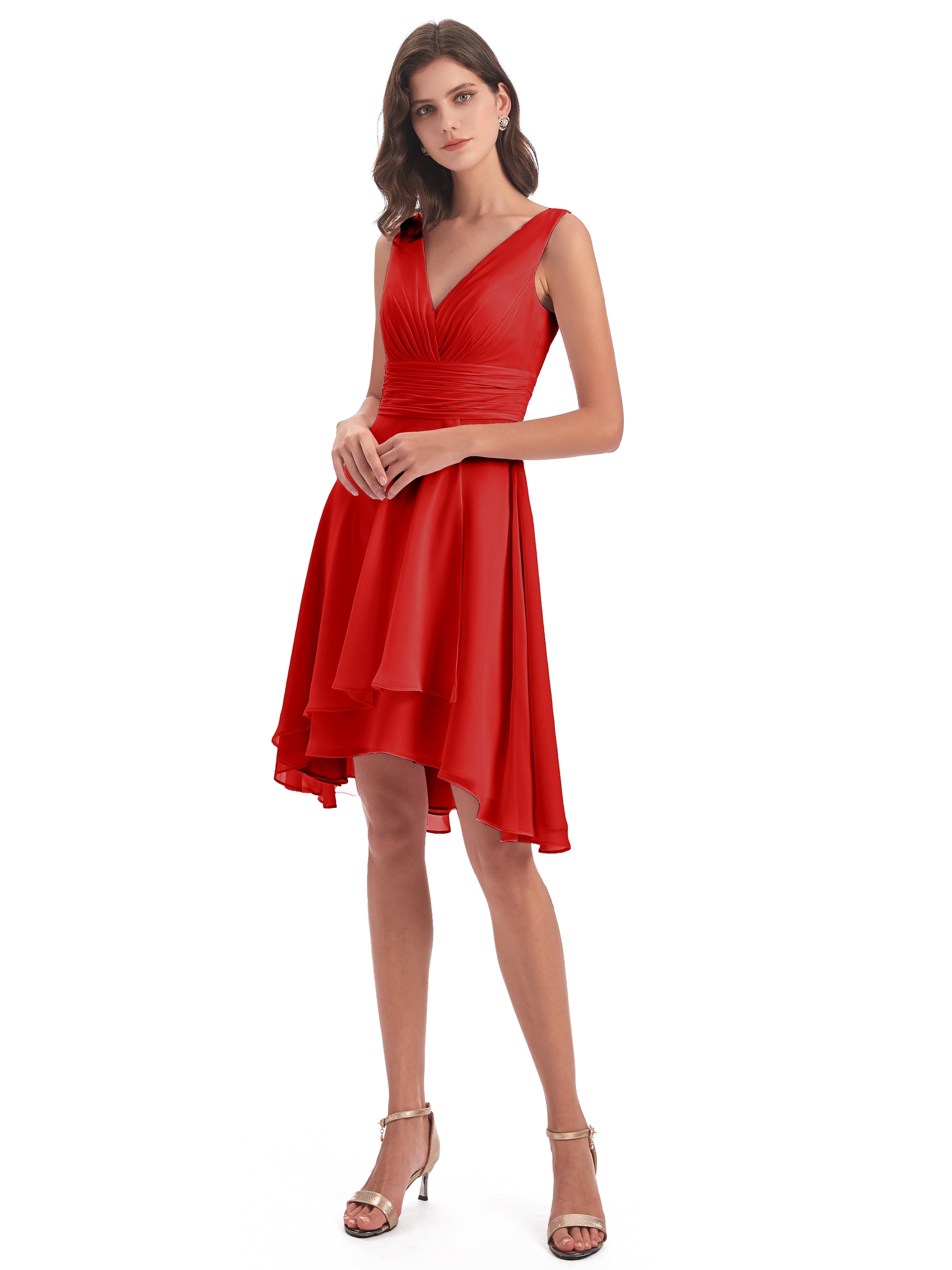 Robe De Demoiselle D Honneur Rouge Haute Basse Col V Robes Demoiselle D'Honneur