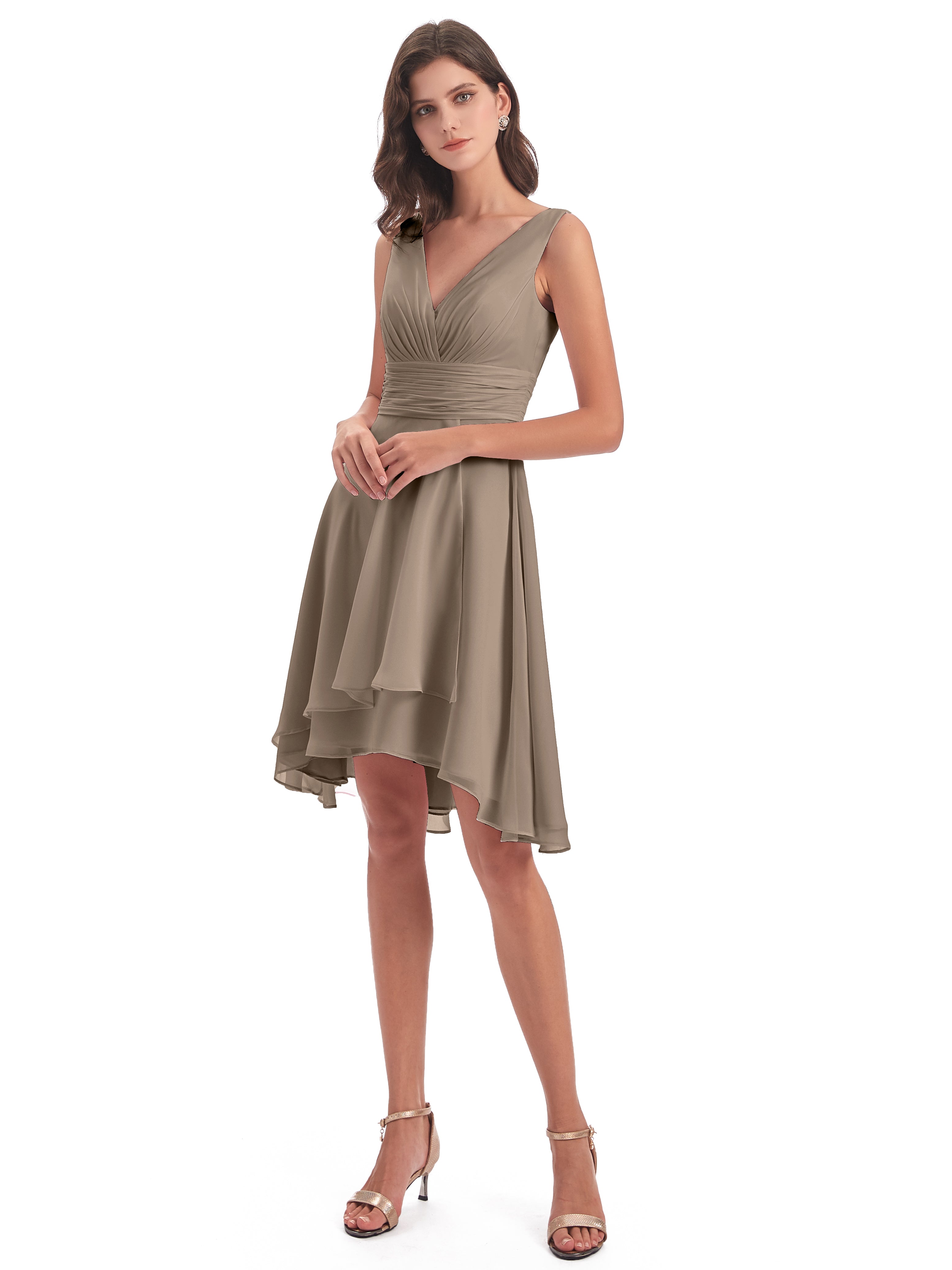 Robe De Couleur Taupe Haute Basse Col V Robes Demoiselle D'Honneur