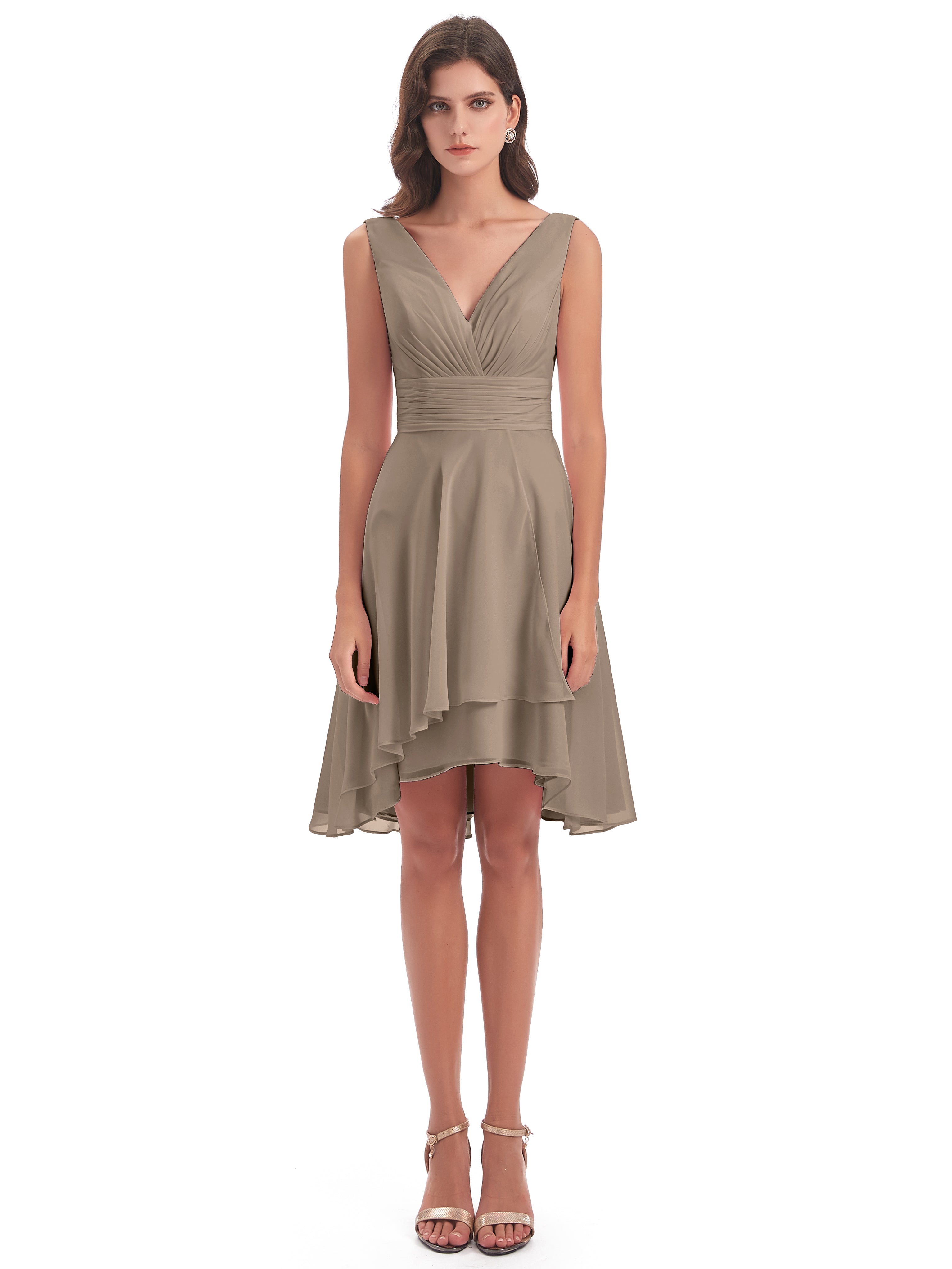 Robe De Couleur Taupe Haute Basse Col V Robes Demoiselle D'Honneur