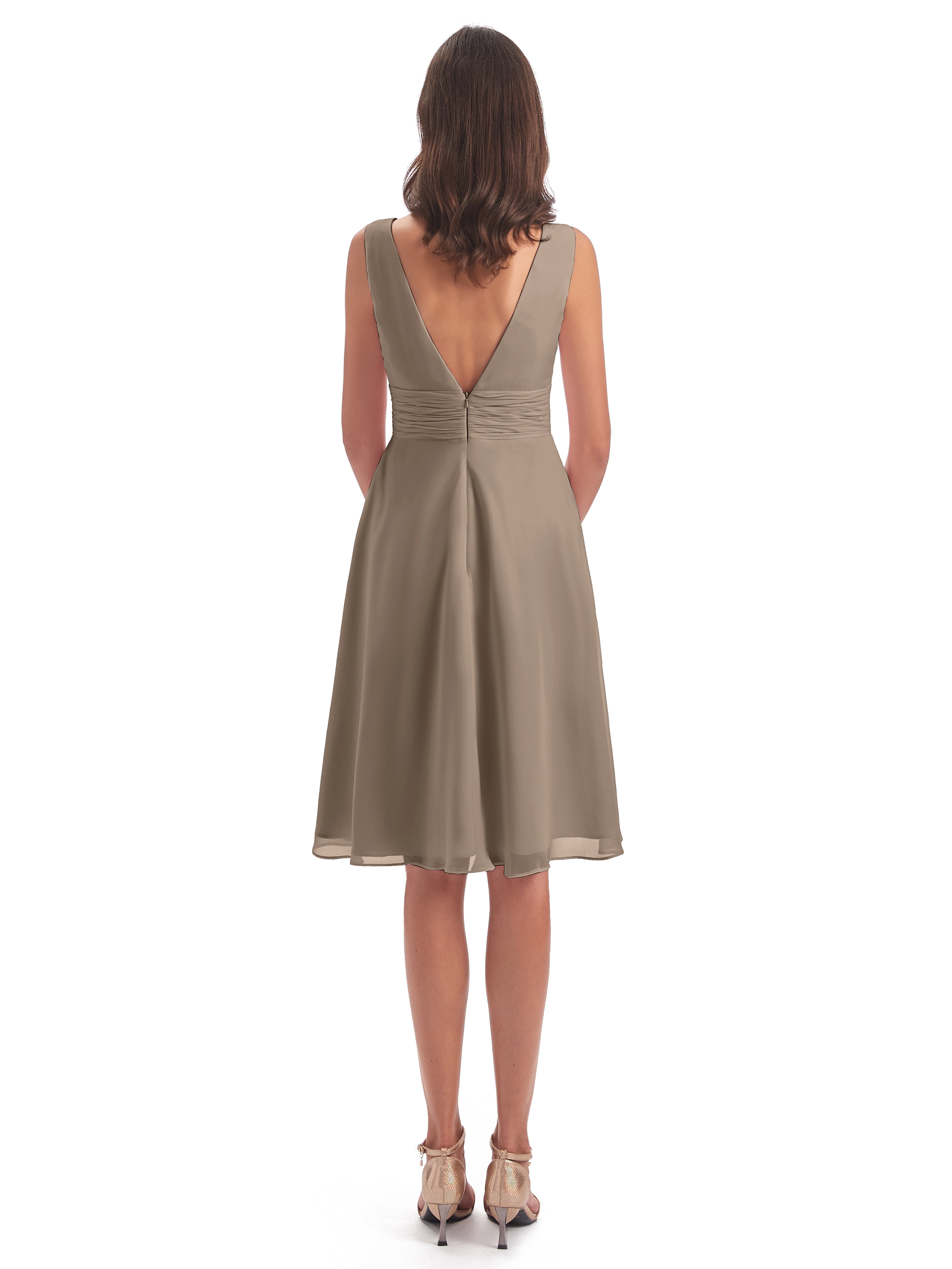 Robe De Couleur Taupe Haute Basse Col V Robes Demoiselle D'Honneur