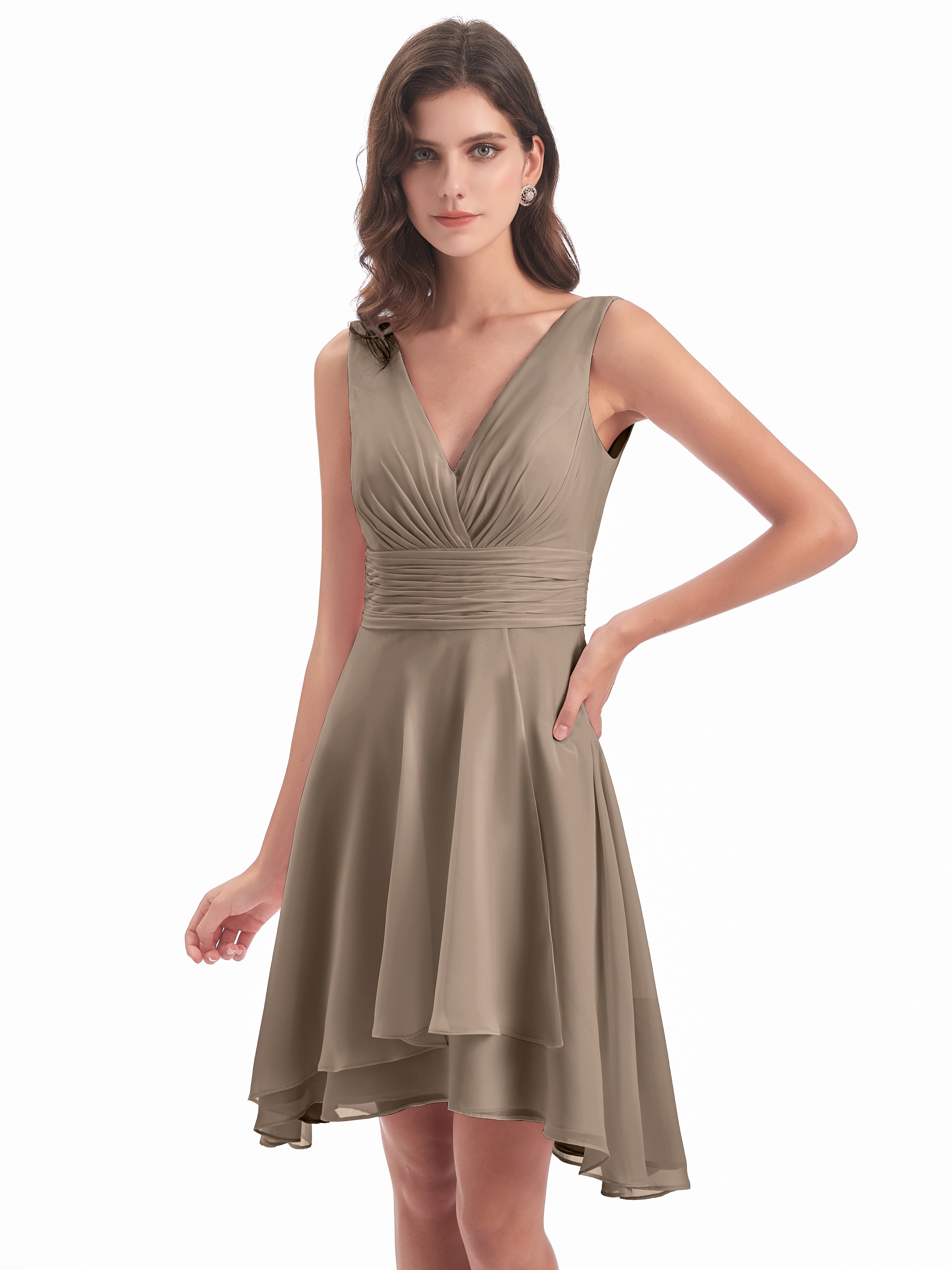 Robe De Couleur Taupe Haute Basse Col V Robes Demoiselle D'Honneur