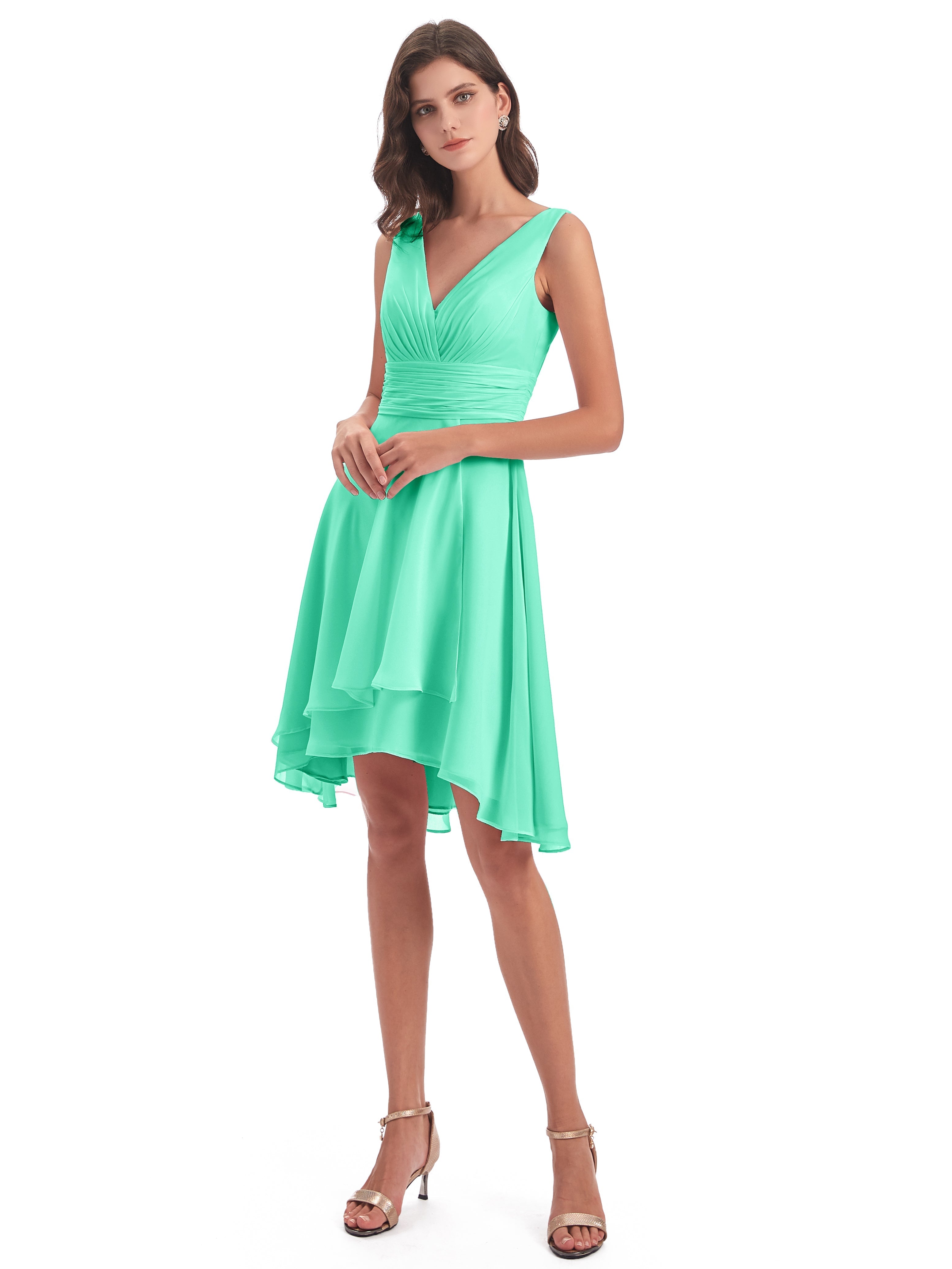 Robe Demoiselle D Honneur Bleu Turquoise Haute Basse Col V Robes Demoiselle D'Honneur