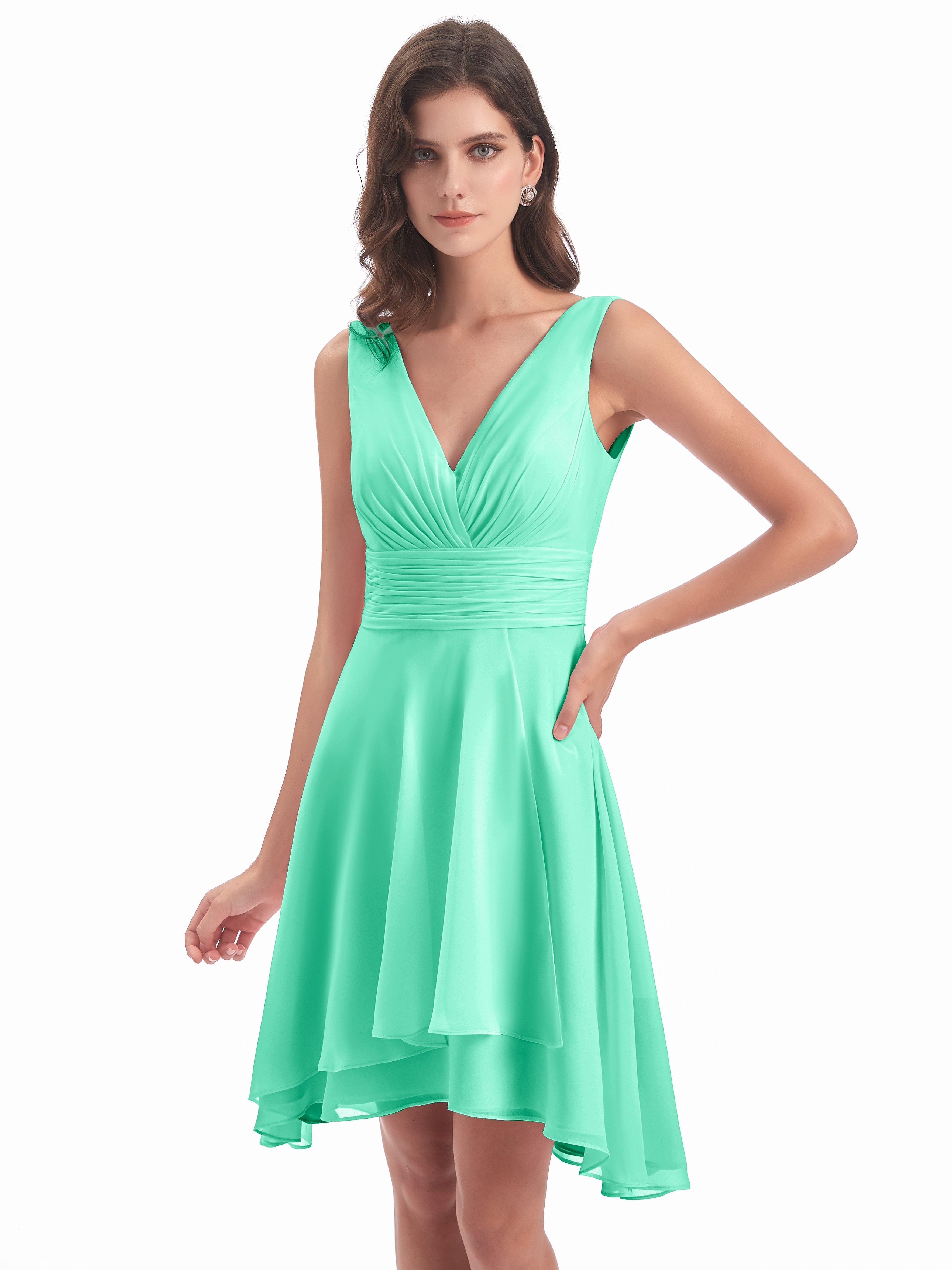 Robe Demoiselle D Honneur Bleu Turquoise Haute Basse Col V Robes Demoiselle D'Honneur