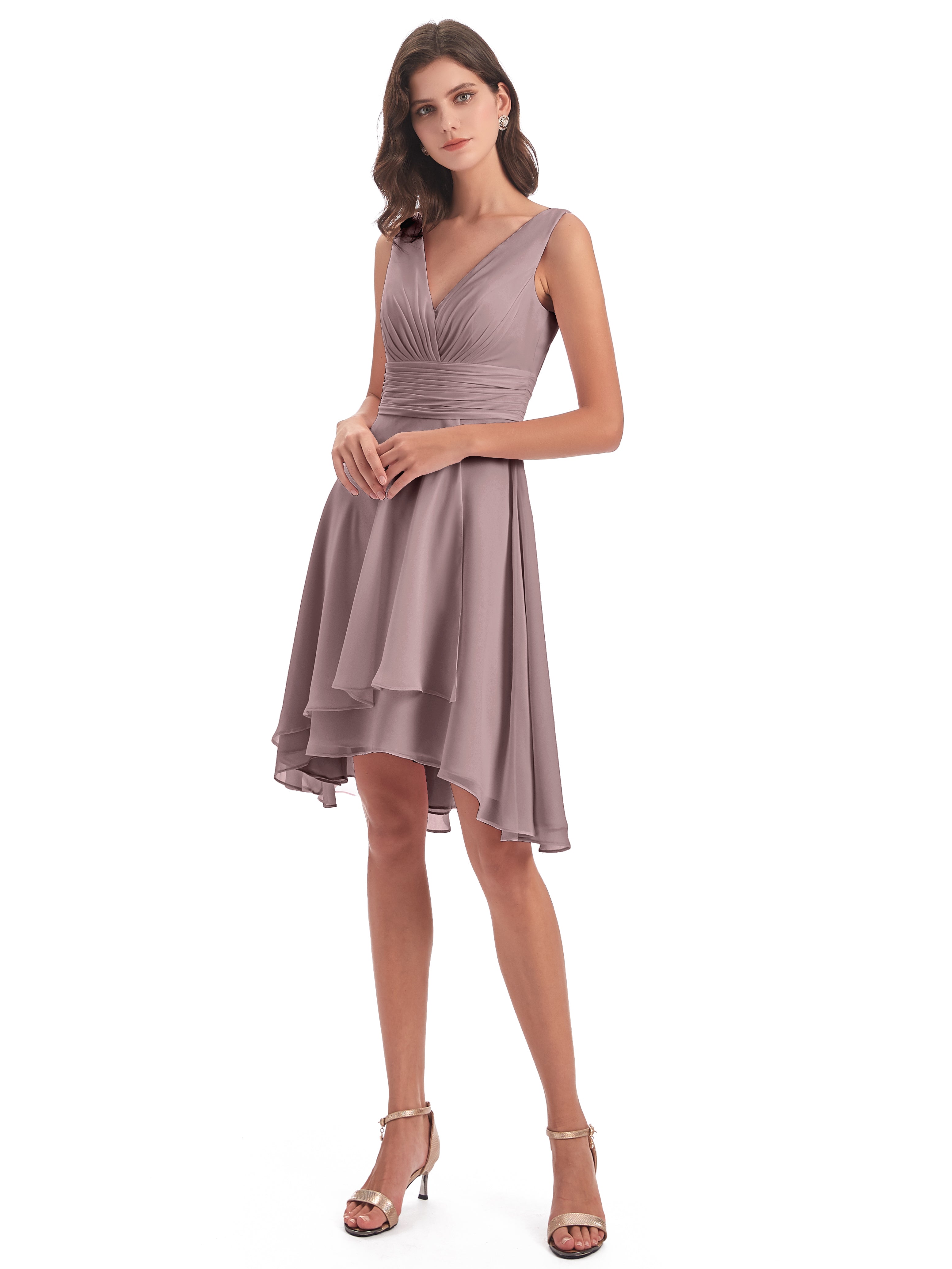 Robes De Demoiselle D'Honneur Vintage Mauve Haute Basse Col V Robes Demoiselle D'Honneur