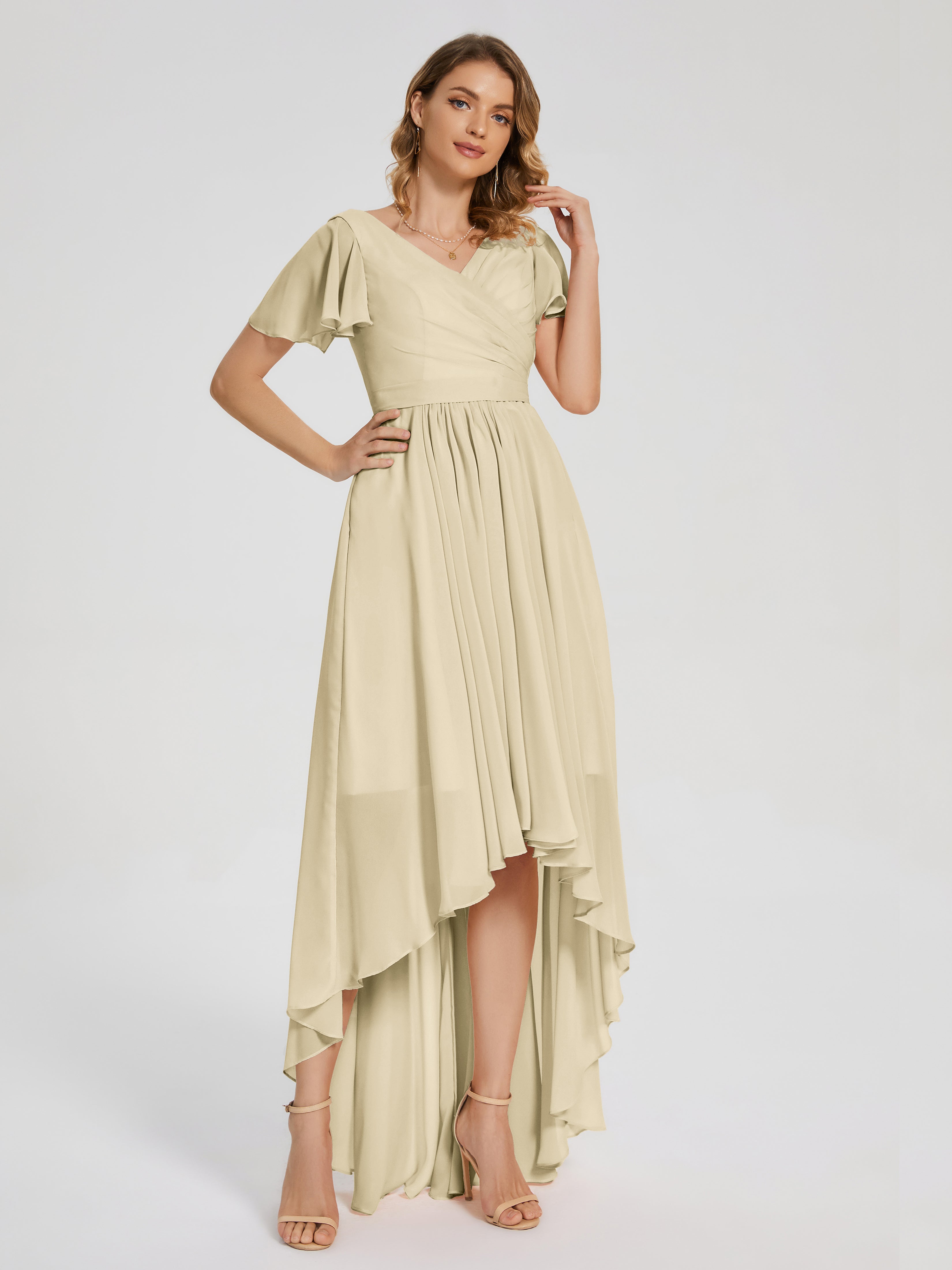 Robes De Demoiselle D'Honneur Couleur Champagne Asymétrique Manches Courtes Mousseline Robes Demoiselle D'Honneur