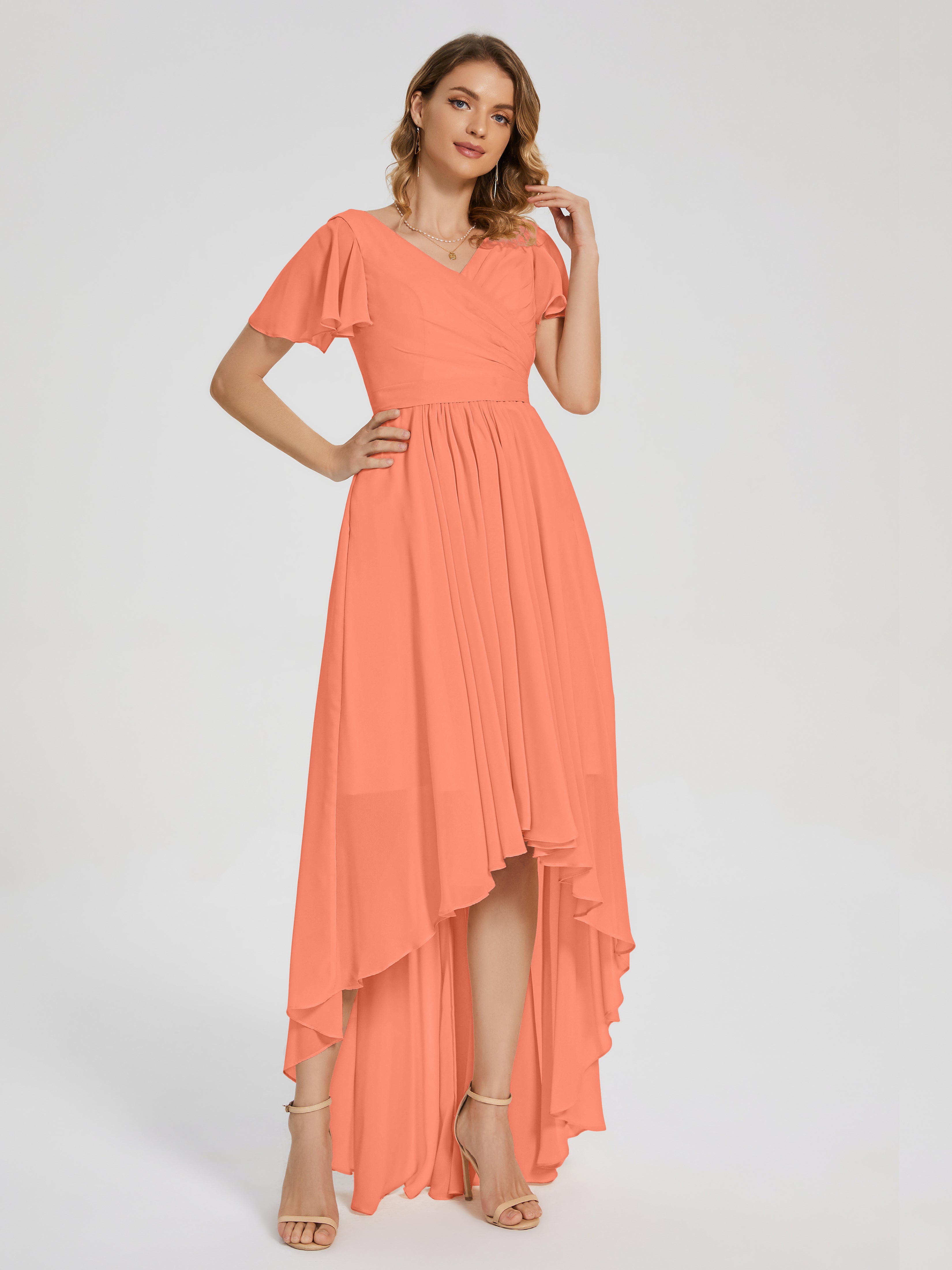 Robes De Demoiselle D'Honneur Coucher De Soleil Asymétrique Manches Courtes Mousseline Robes Demoiselle D'Honneur