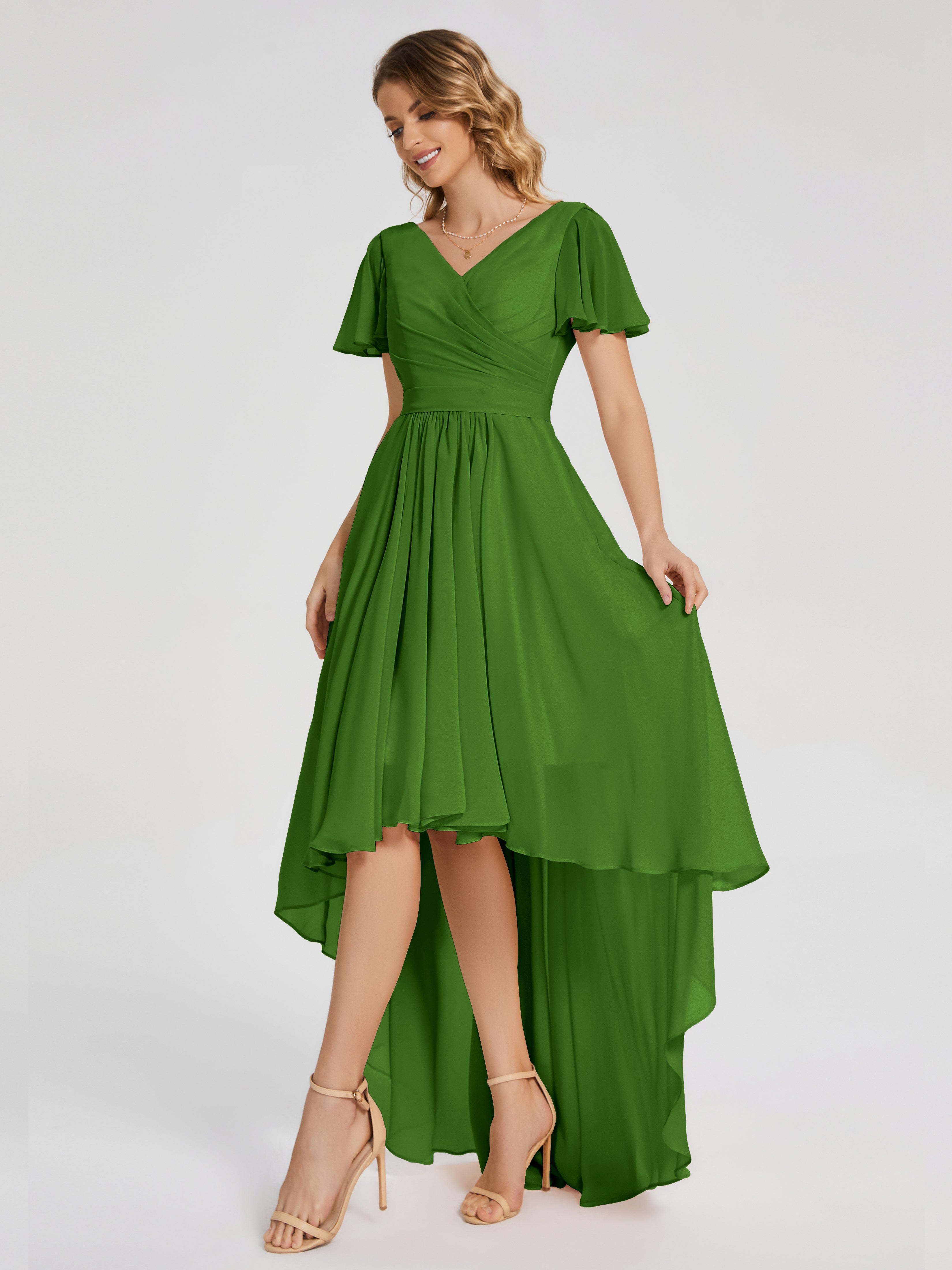 Robes De Demoiselle D'Honneur Vert Mousse Asymétrique Manches Courtes Mousseline Robes Demoiselle D'Honneur