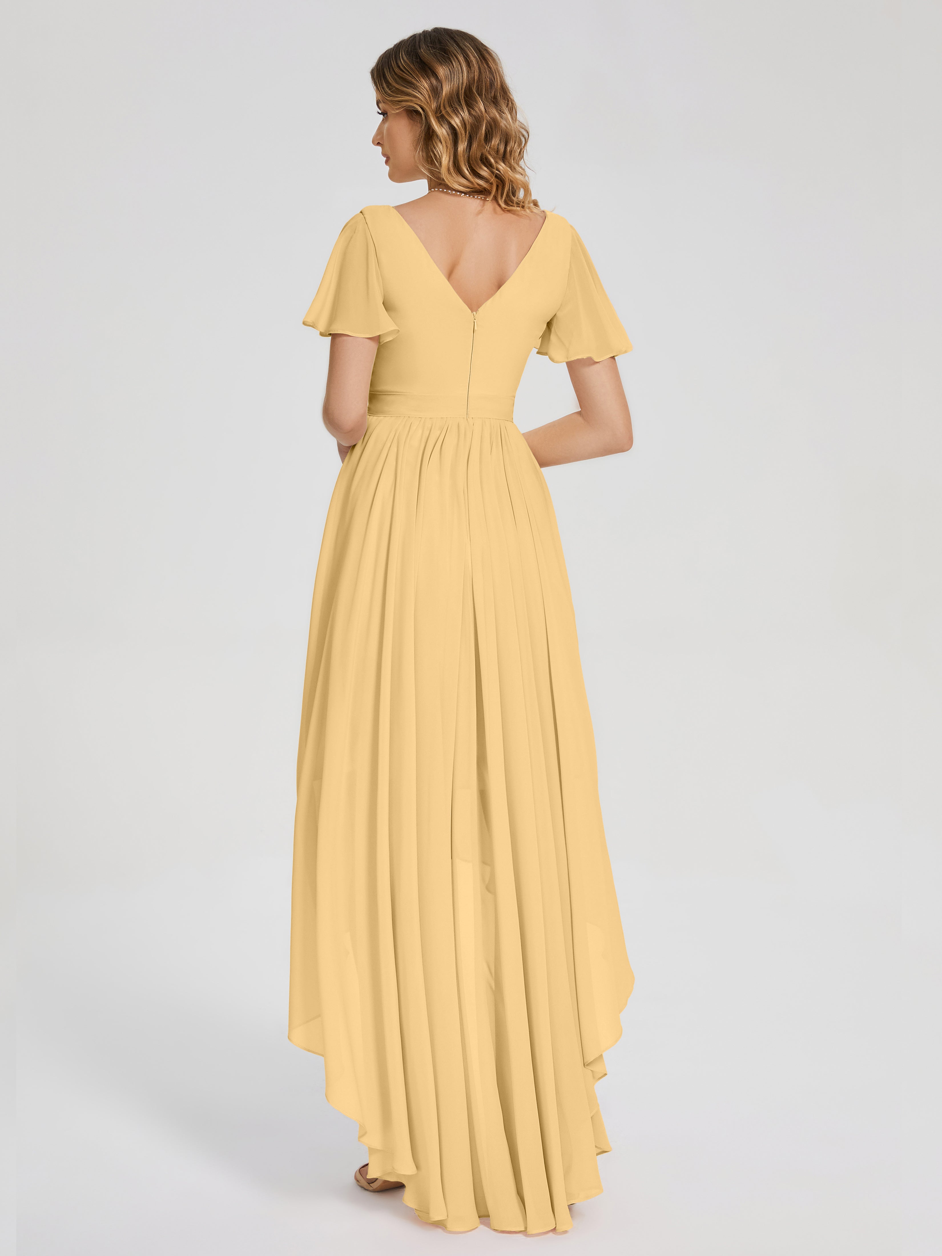 Robe De Demoiselle D'Honneur En Or Asymétrique Manches Courtes Mousseline Robes Demoiselle D'Honneur