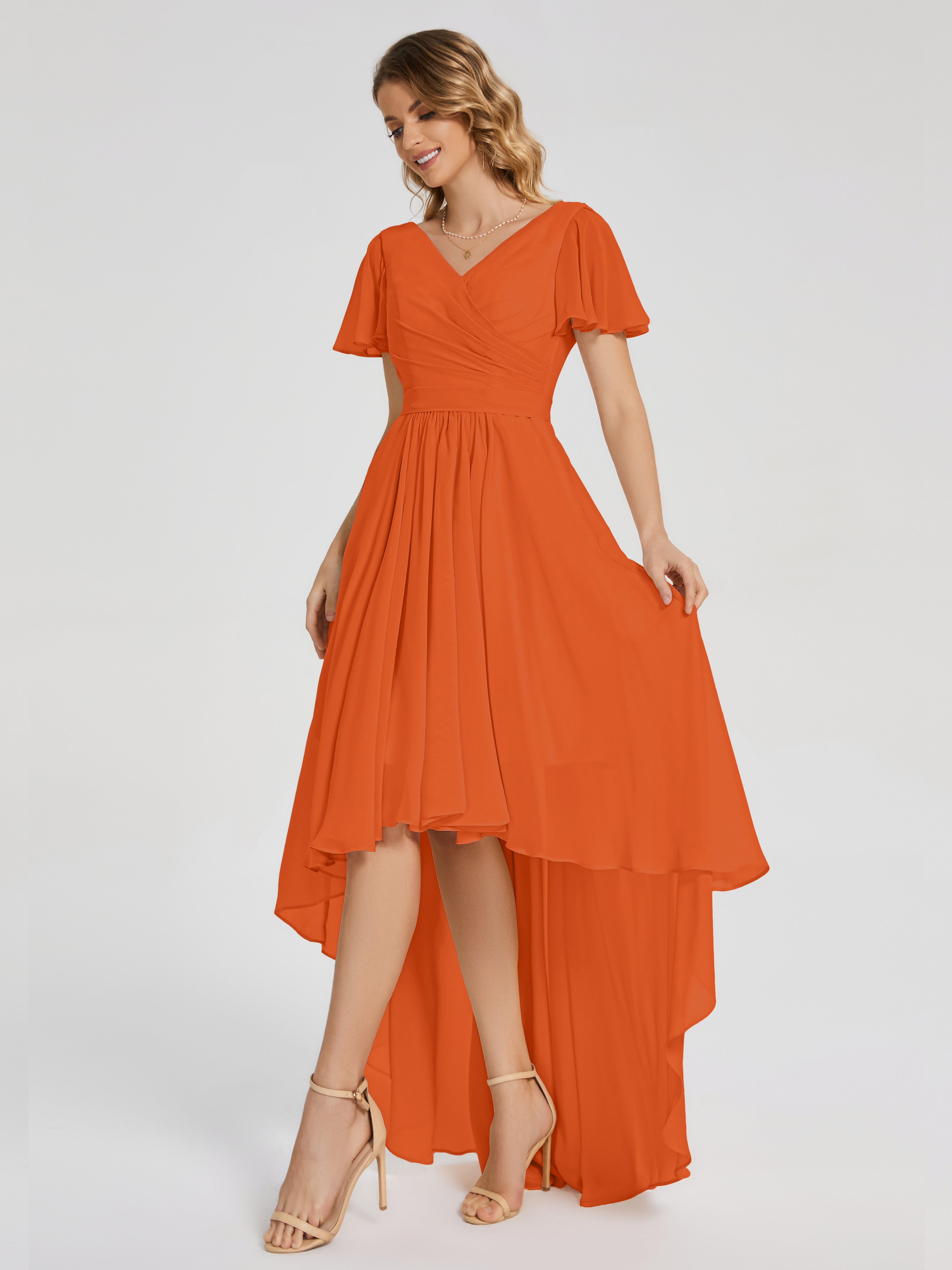 Robes De Demoiselle D'Honneur Orange Brûlé Asymétrique Manches Courtes Mousseline Robes Demoiselle D'Honneur