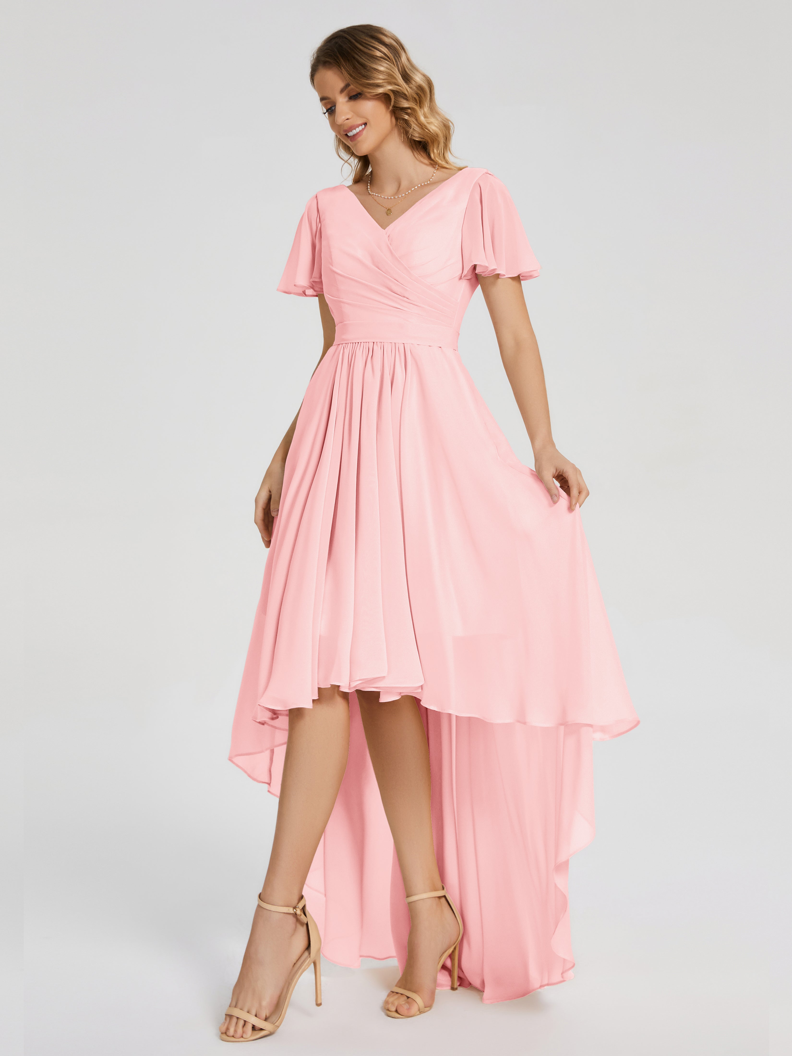 Robes De Demoiselle D'Honneur Rose Asymétrique Manches Courtes Mousseline Robes Demoiselle D'Honneur